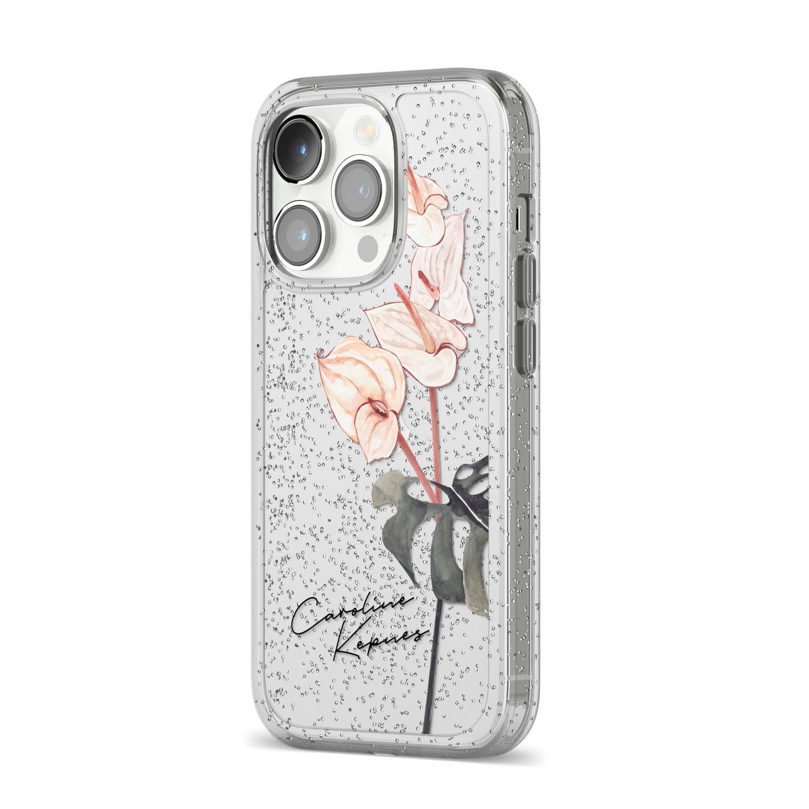 Personalised Tropical Plant iPhone 14 Pro Glitter Tough Case Silver Angled Image