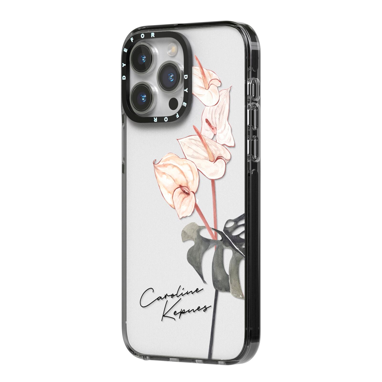 Personalised Tropical Plant iPhone 14 Pro Max Black Impact Case Side Angle on Silver phone
