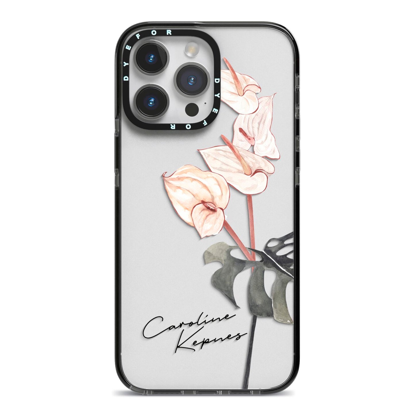 Personalised Tropical Plant iPhone 14 Pro Max Black Impact Case on Silver phone