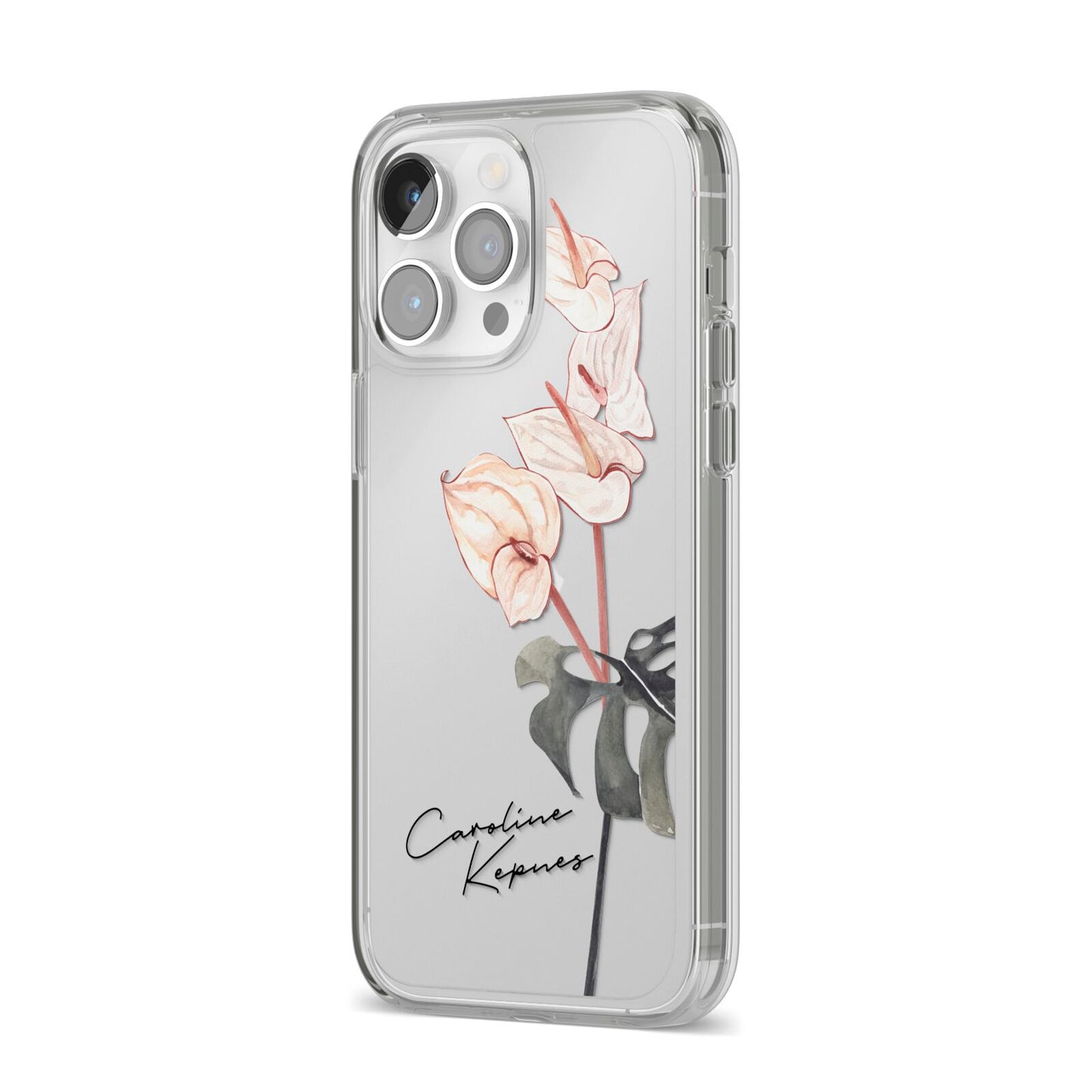 Personalised Tropical Plant iPhone 14 Pro Max Clear Tough Case Silver Angled Image