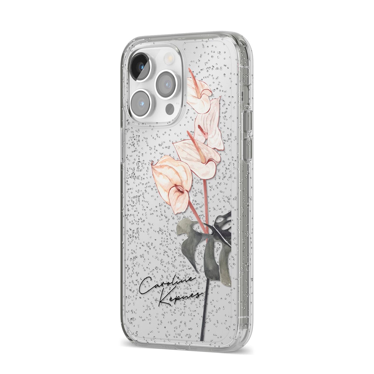 Personalised Tropical Plant iPhone 14 Pro Max Glitter Tough Case Silver Angled Image