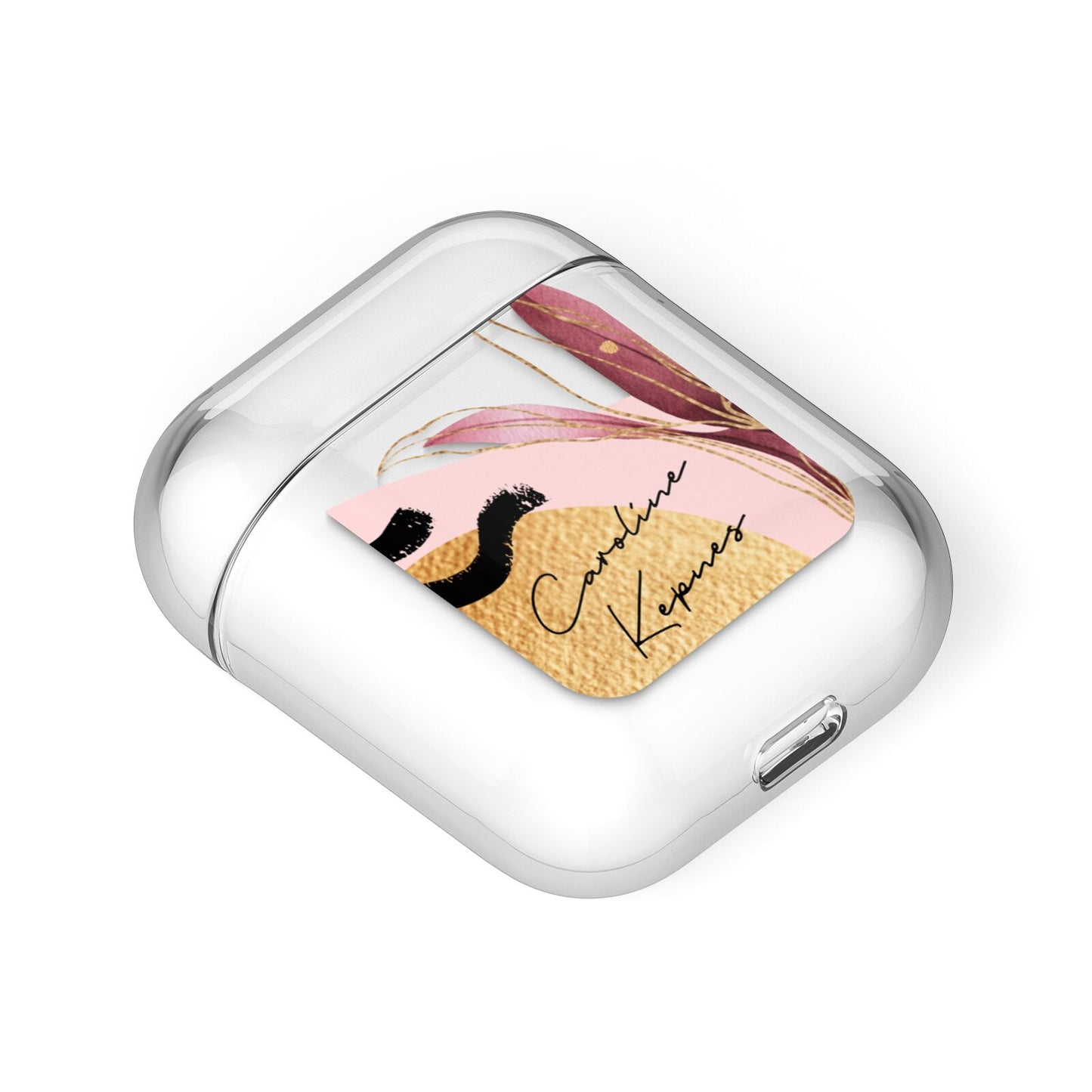 Personalised Tropical Red Leaf AirPods Case Laid Flat