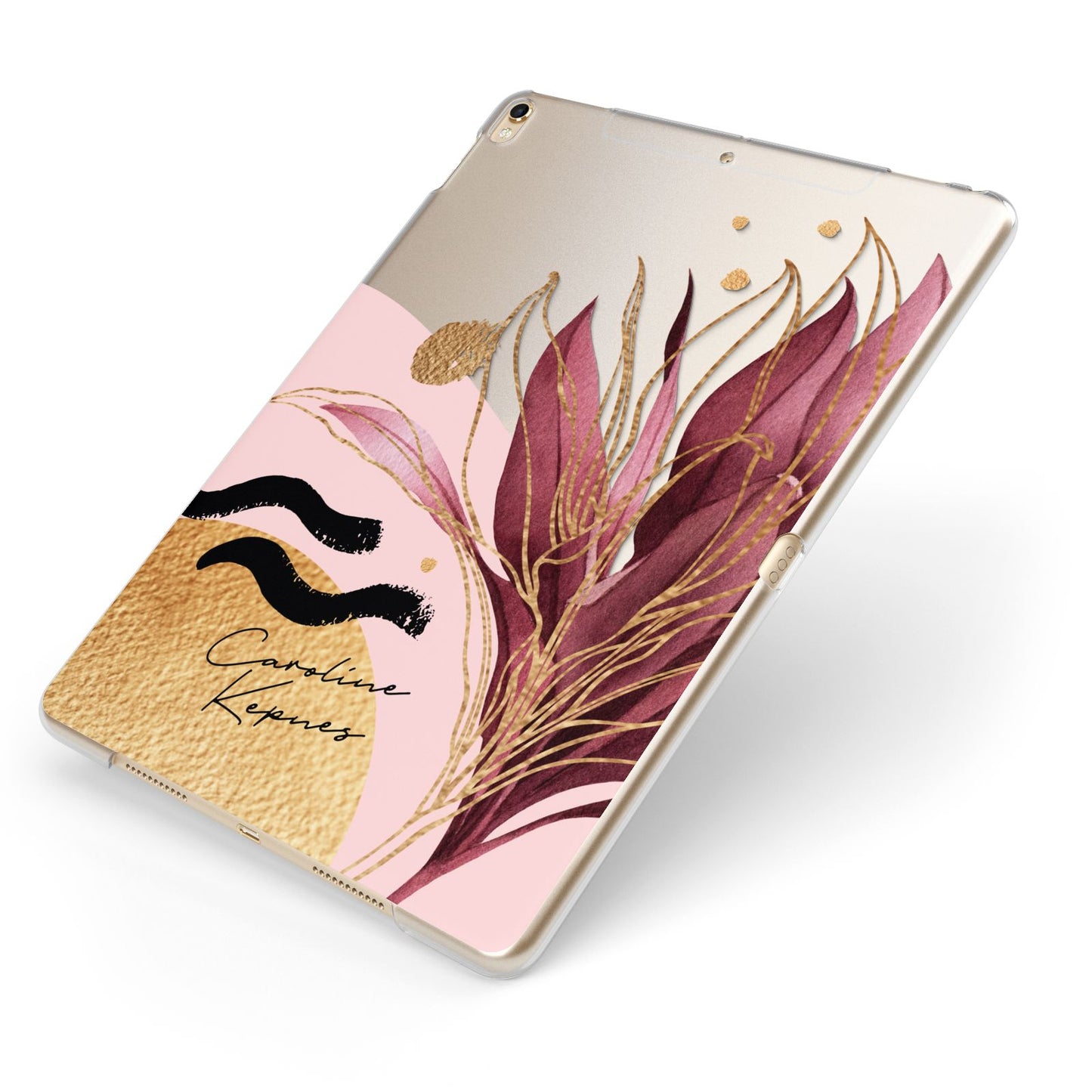 Personalised Tropical Red Leaf Apple iPad Case on Gold iPad Side View