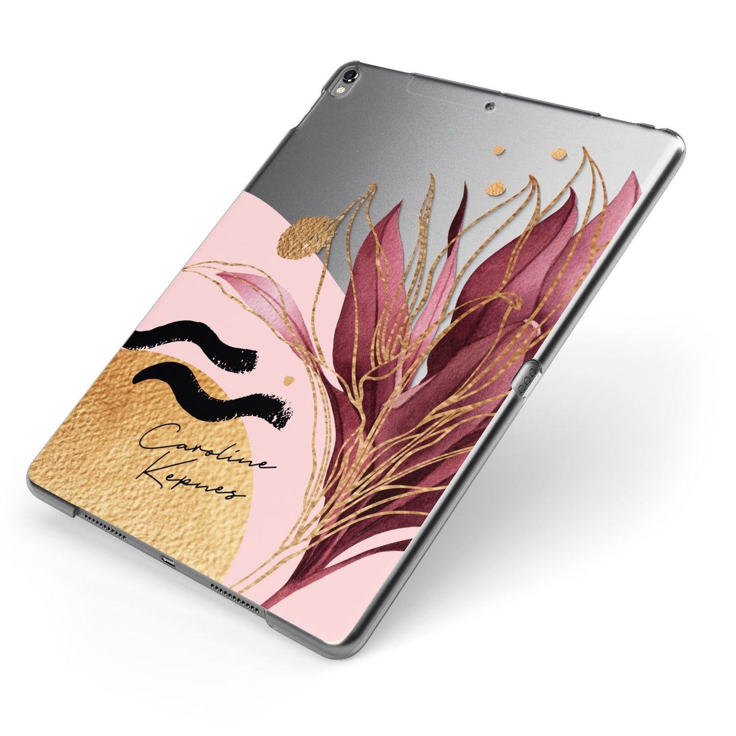Personalised Tropical Red Leaf Apple iPad Case on Grey iPad Side View