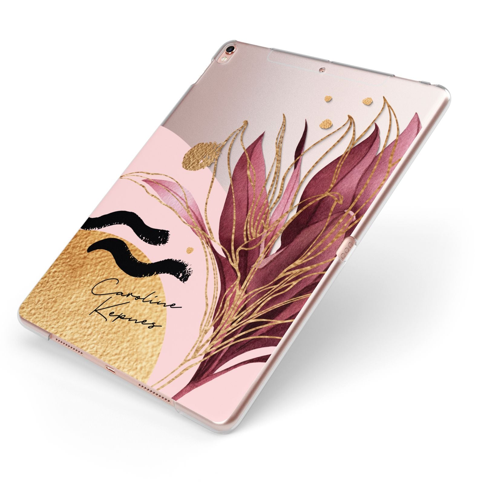Personalised Tropical Red Leaf Apple iPad Case on Rose Gold iPad Side View
