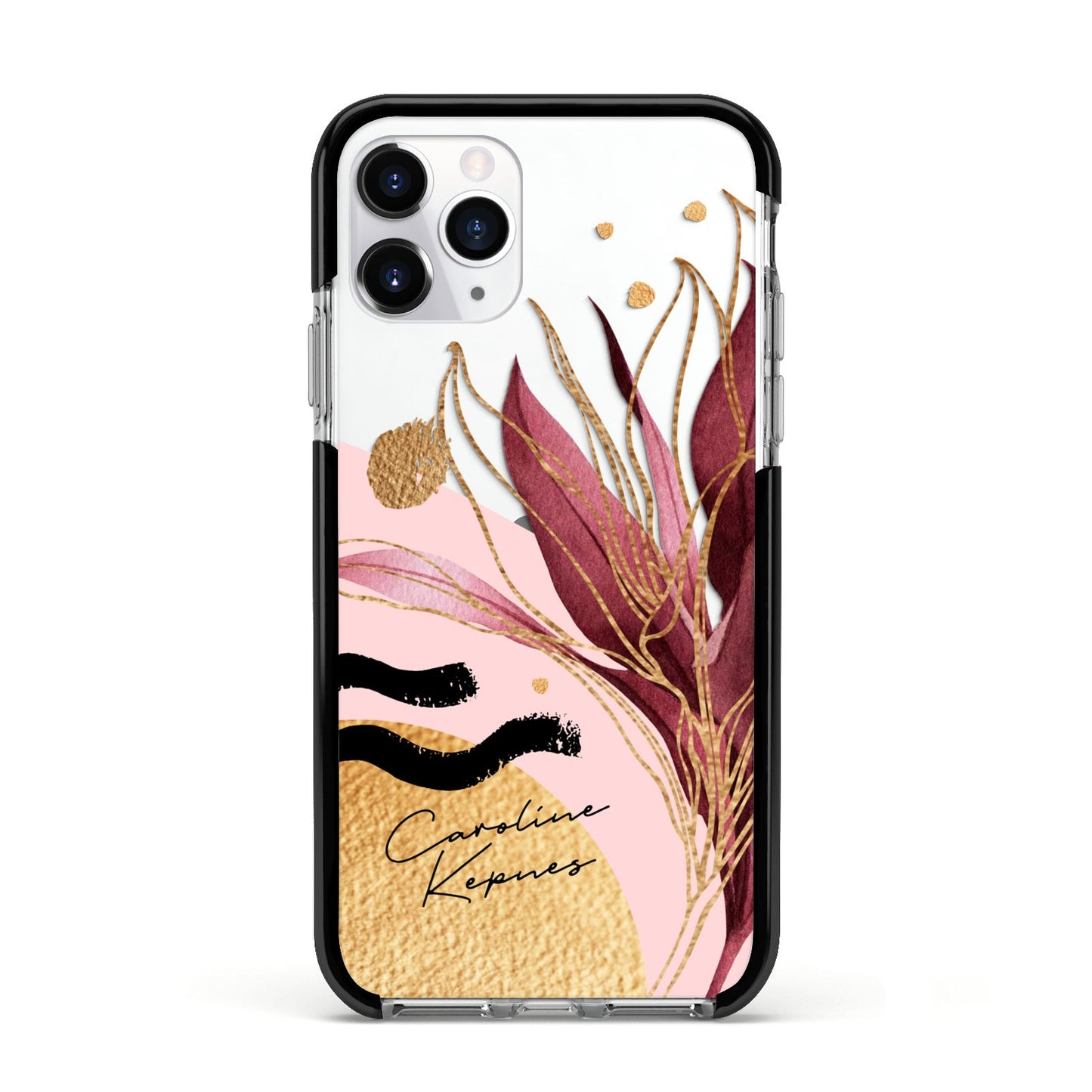 Personalised Tropical Red Leaf Apple iPhone 11 Pro in Silver with Black Impact Case