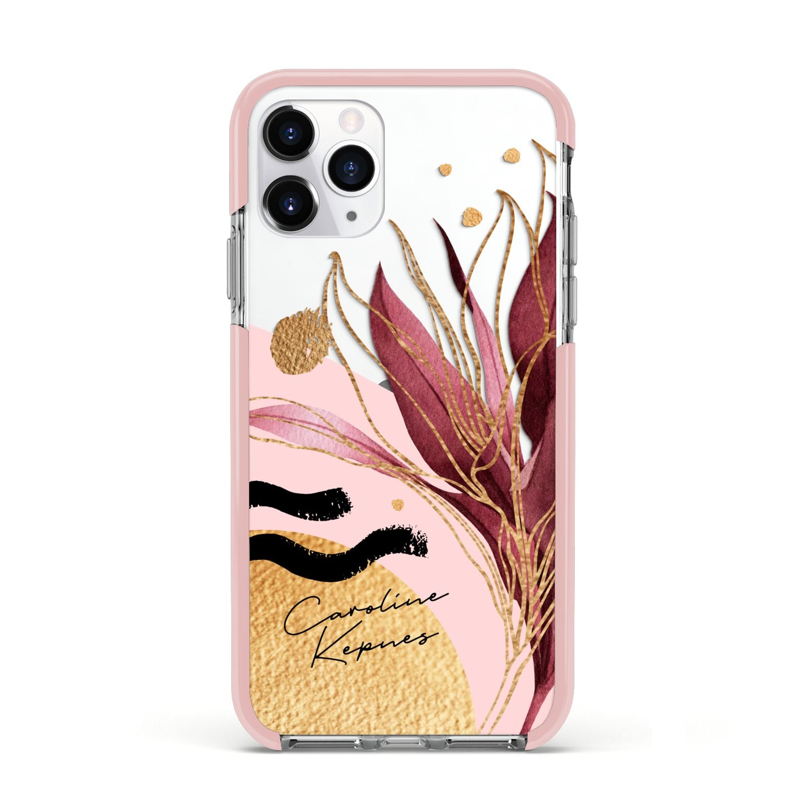 Personalised Tropical Red Leaf Apple iPhone 11 Pro in Silver with Pink Impact Case