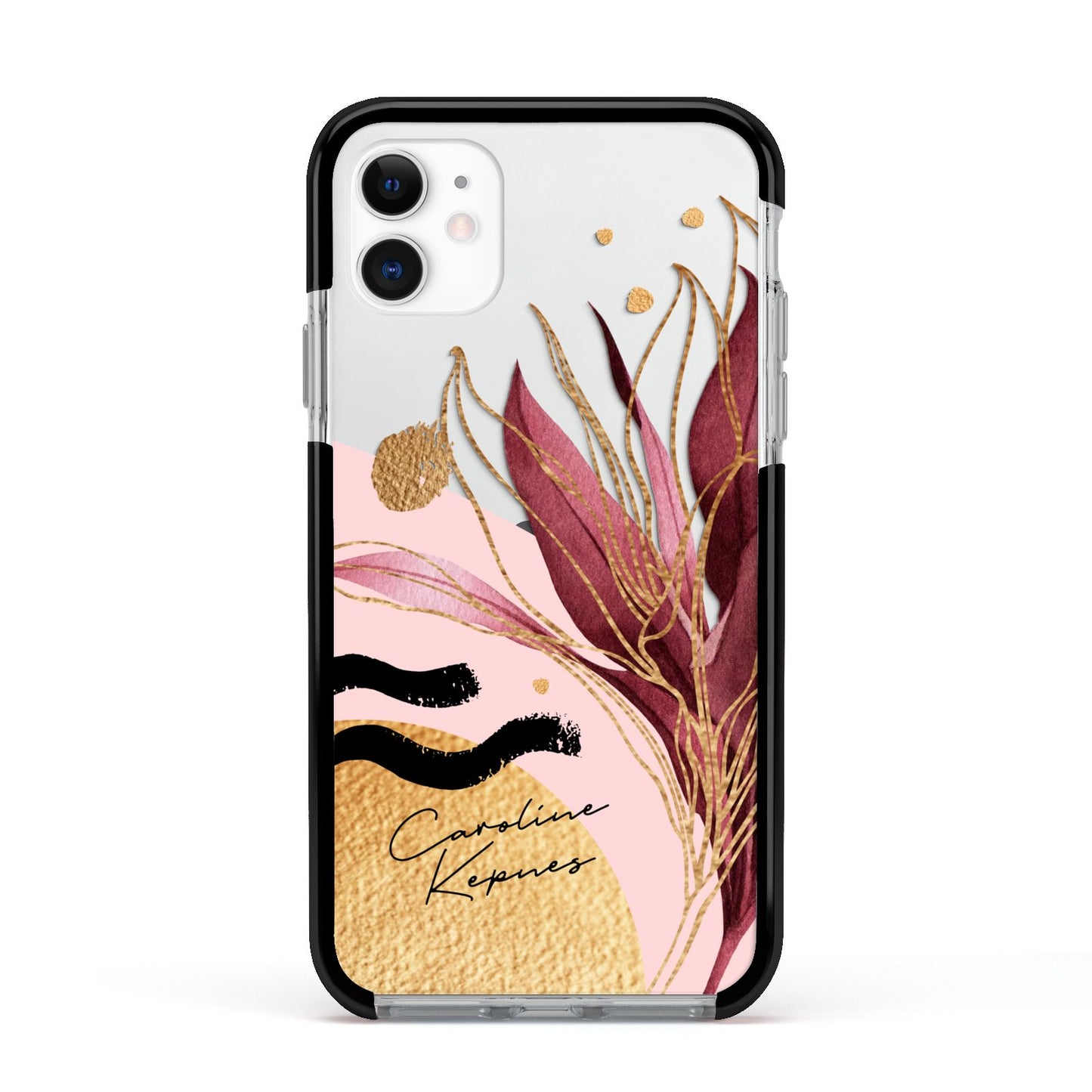 Personalised Tropical Red Leaf Apple iPhone 11 in White with Black Impact Case