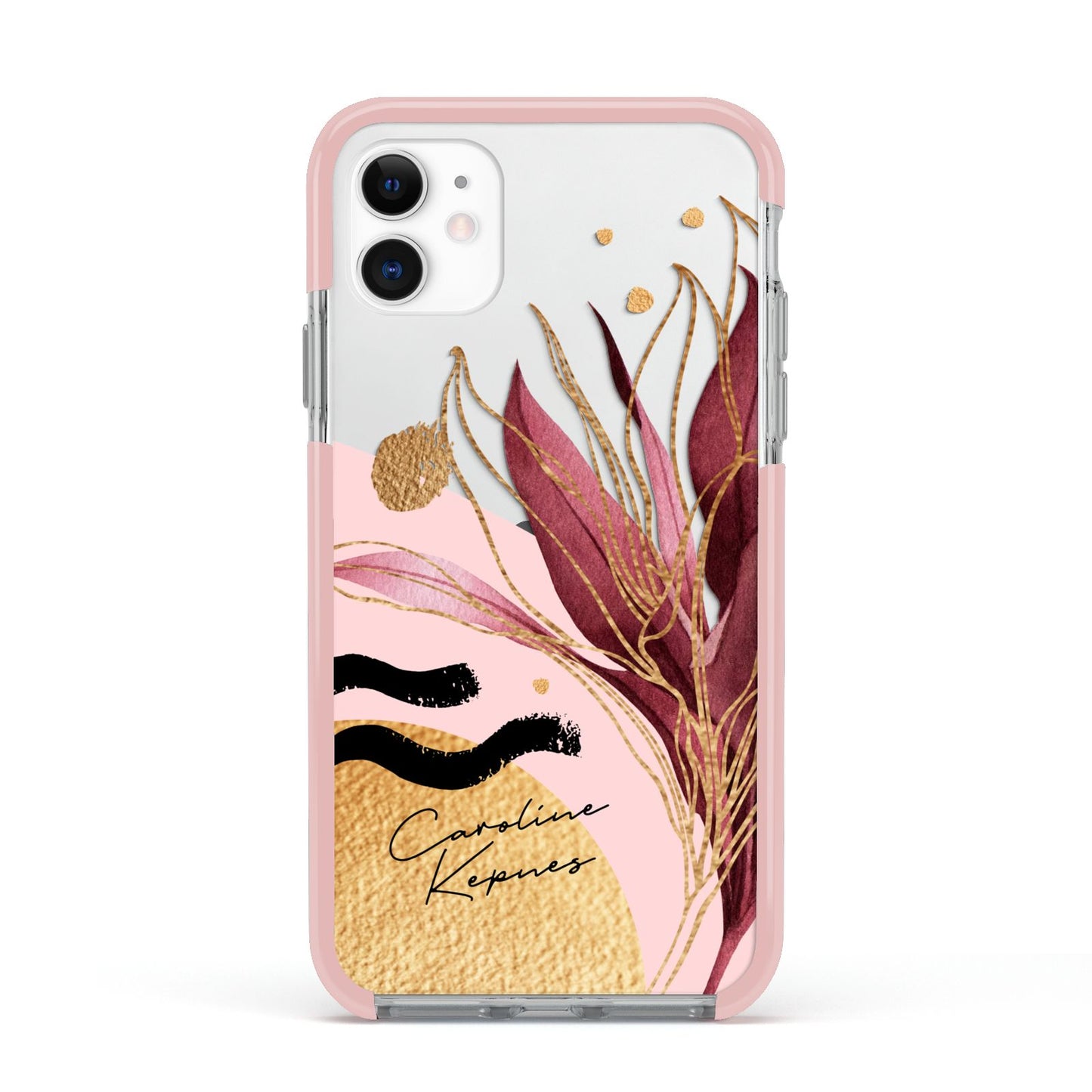Personalised Tropical Red Leaf Apple iPhone 11 in White with Pink Impact Case