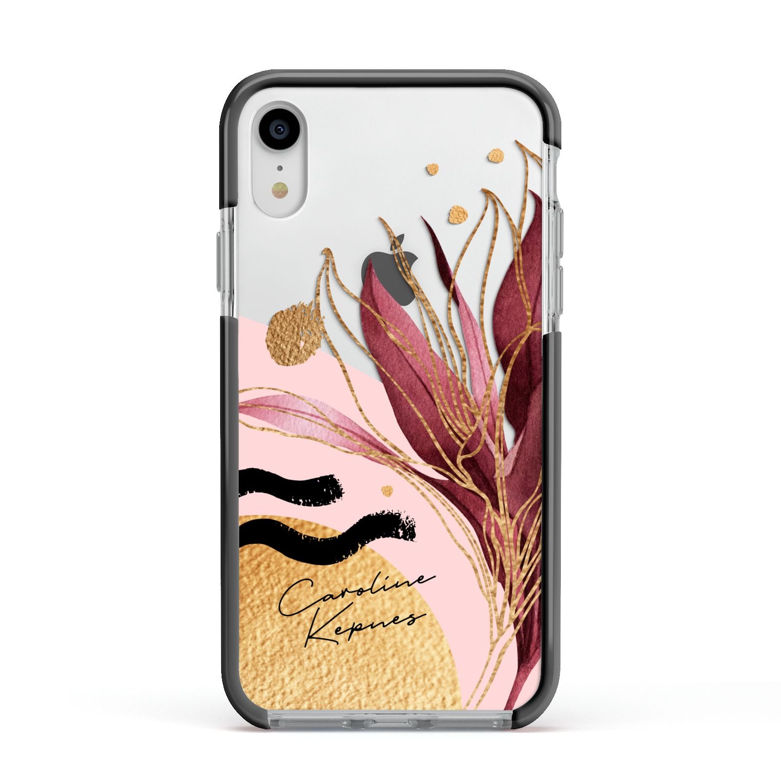 Personalised Tropical Red Leaf Apple iPhone XR Impact Case Black Edge on Silver Phone