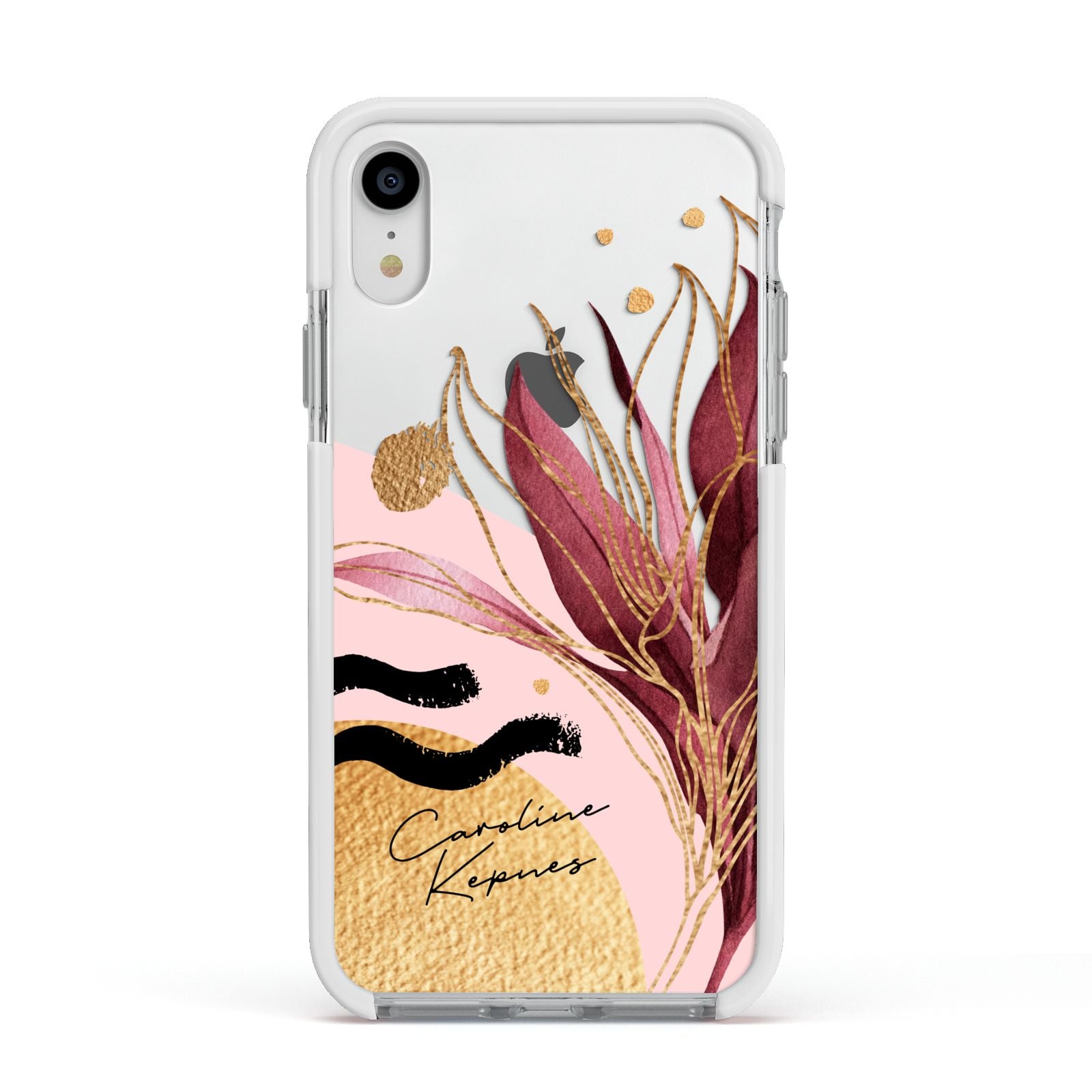 Personalised Tropical Red Leaf Apple iPhone XR Impact Case White Edge on Silver Phone