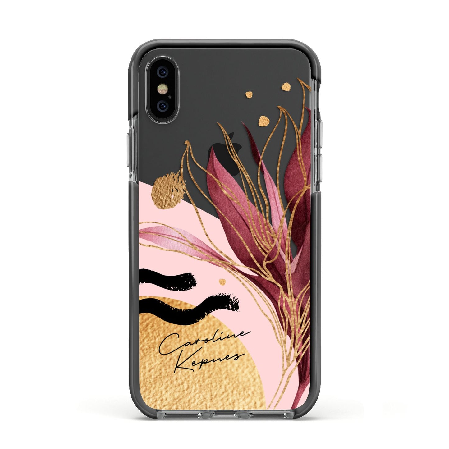 Personalised Tropical Red Leaf Apple iPhone Xs Impact Case Black Edge on Black Phone