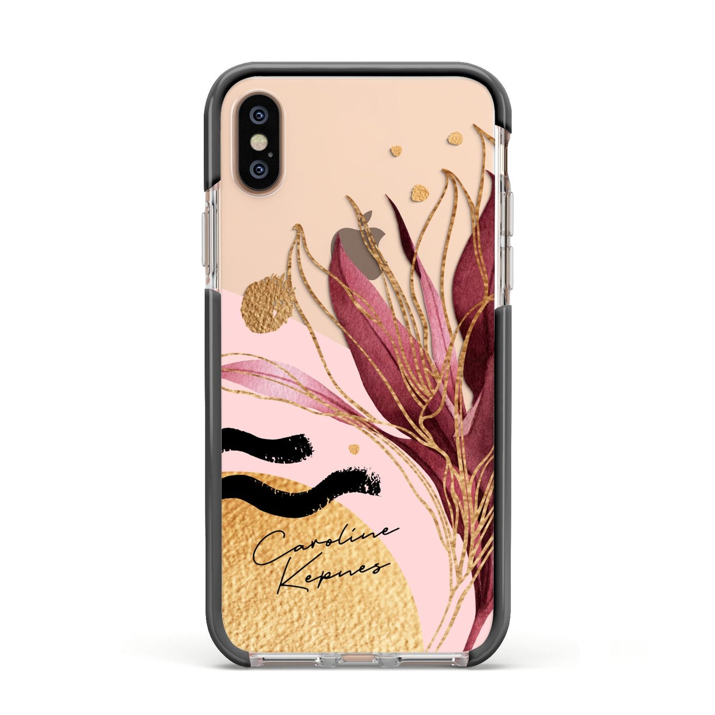 Personalised Tropical Red Leaf Apple iPhone Xs Impact Case Black Edge on Gold Phone