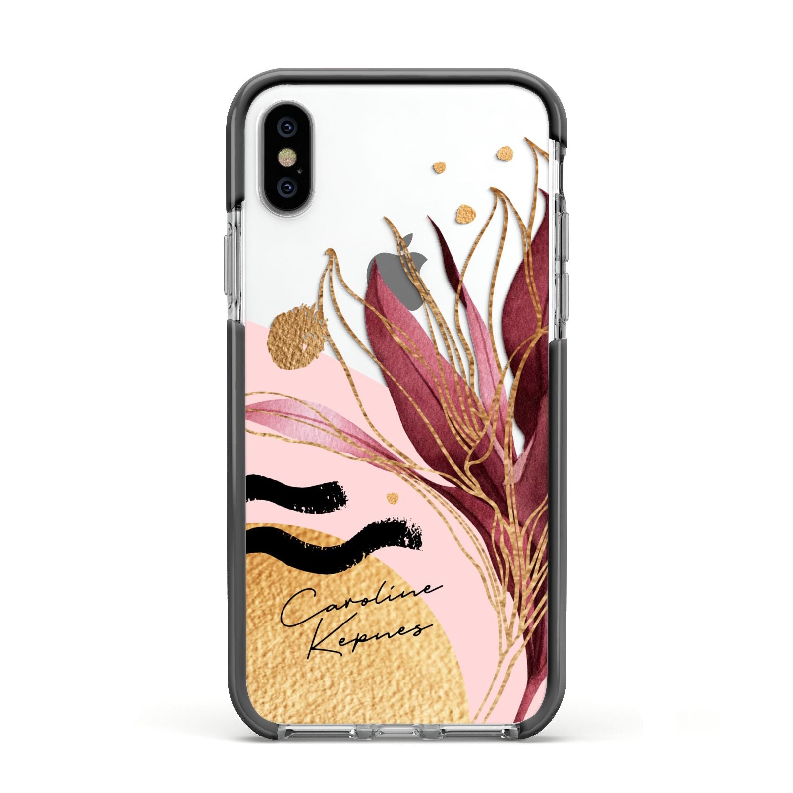 Personalised Tropical Red Leaf Apple iPhone Xs Impact Case Black Edge on Silver Phone