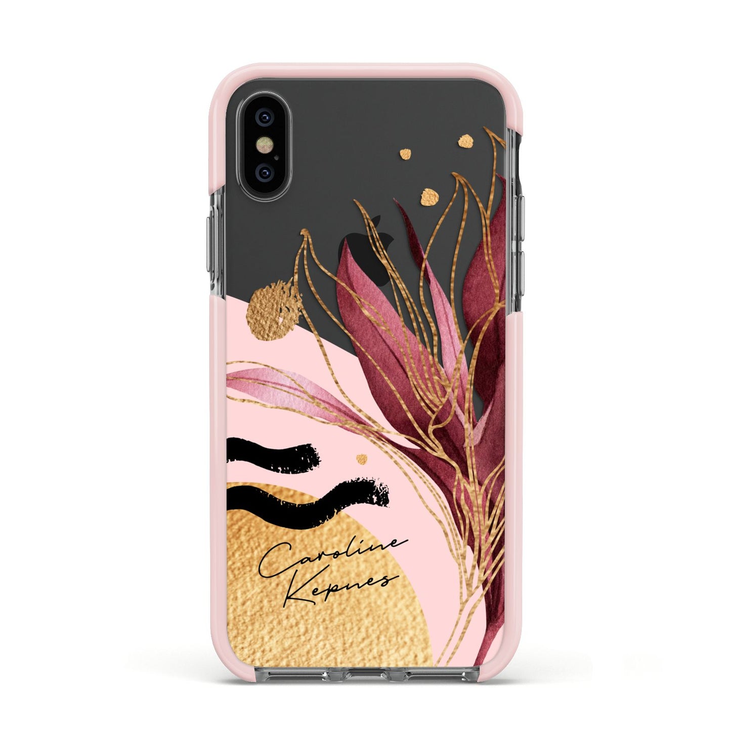 Personalised Tropical Red Leaf Apple iPhone Xs Impact Case Pink Edge on Black Phone