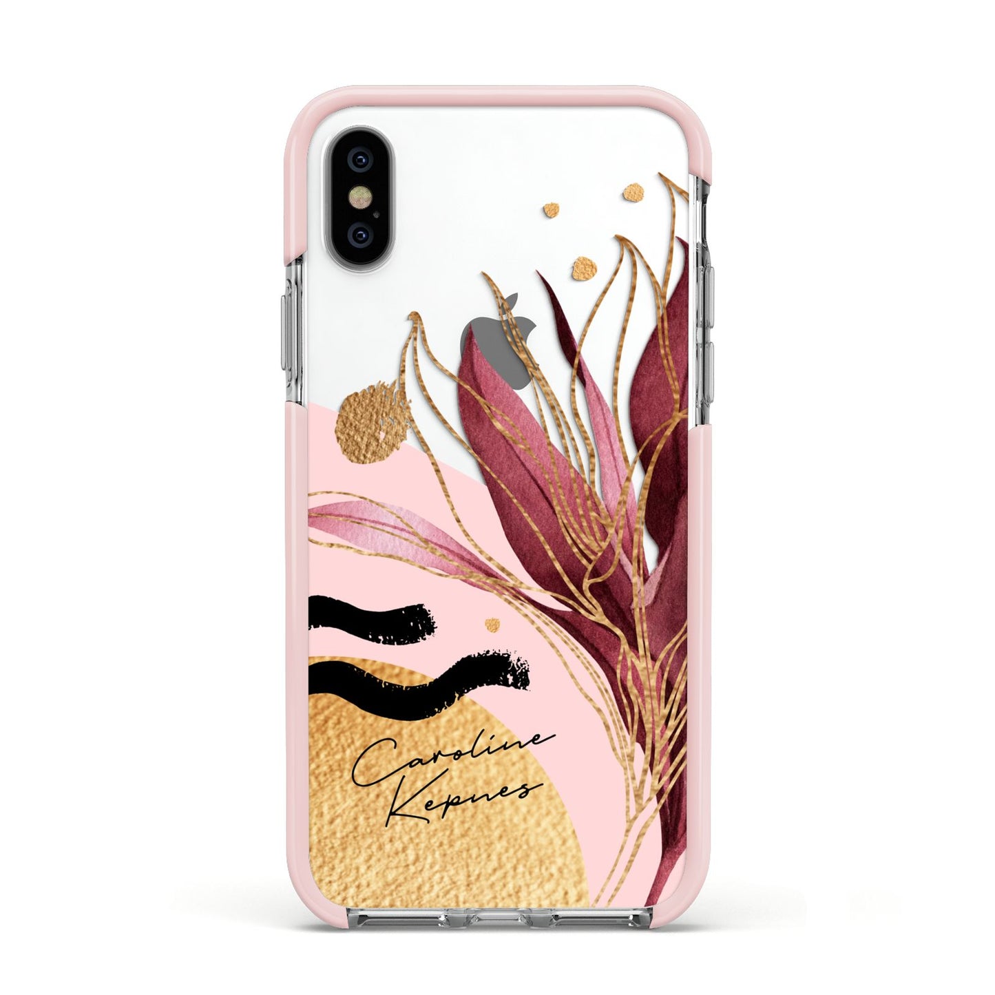 Personalised Tropical Red Leaf Apple iPhone Xs Impact Case Pink Edge on Silver Phone