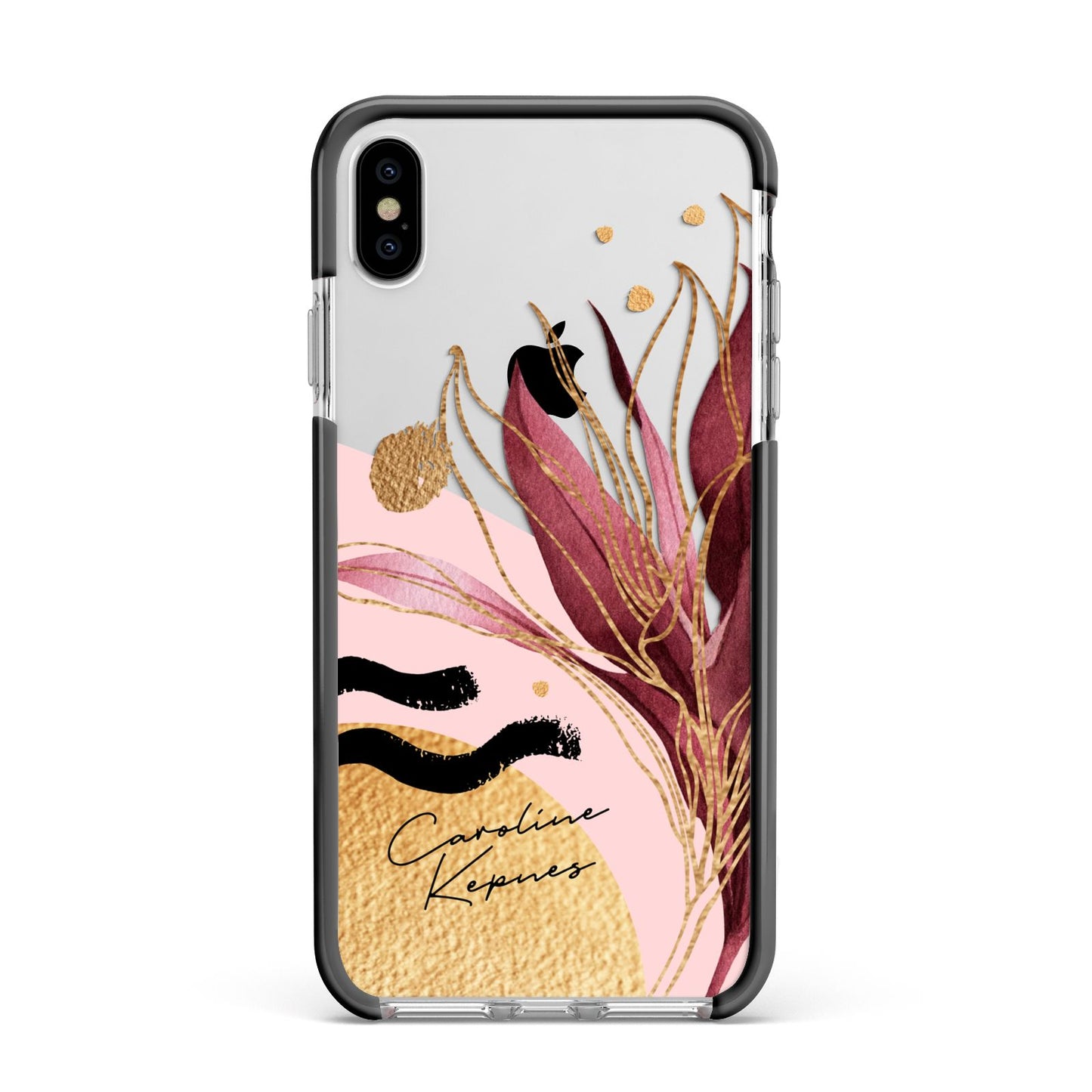 Personalised Tropical Red Leaf Apple iPhone Xs Max Impact Case Black Edge on Silver Phone