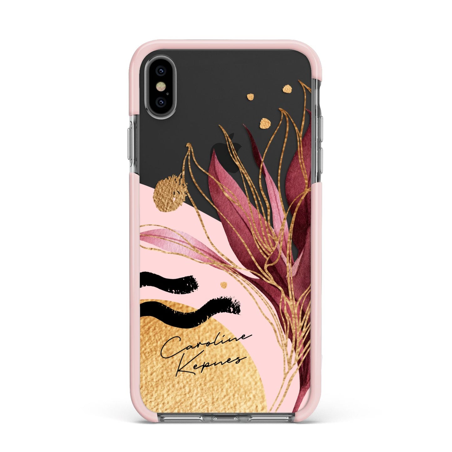 Personalised Tropical Red Leaf Apple iPhone Xs Max Impact Case Pink Edge on Black Phone