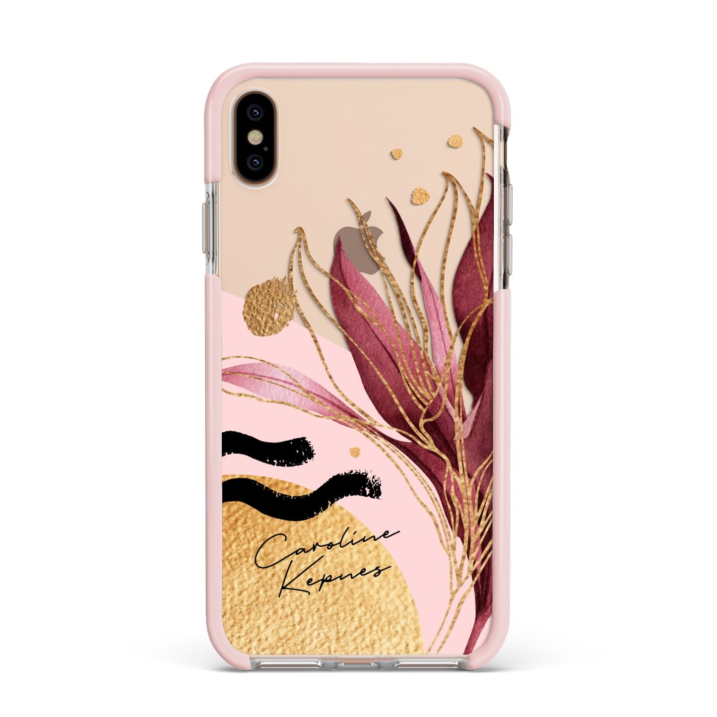 Personalised Tropical Red Leaf Apple iPhone Xs Max Impact Case Pink Edge on Gold Phone