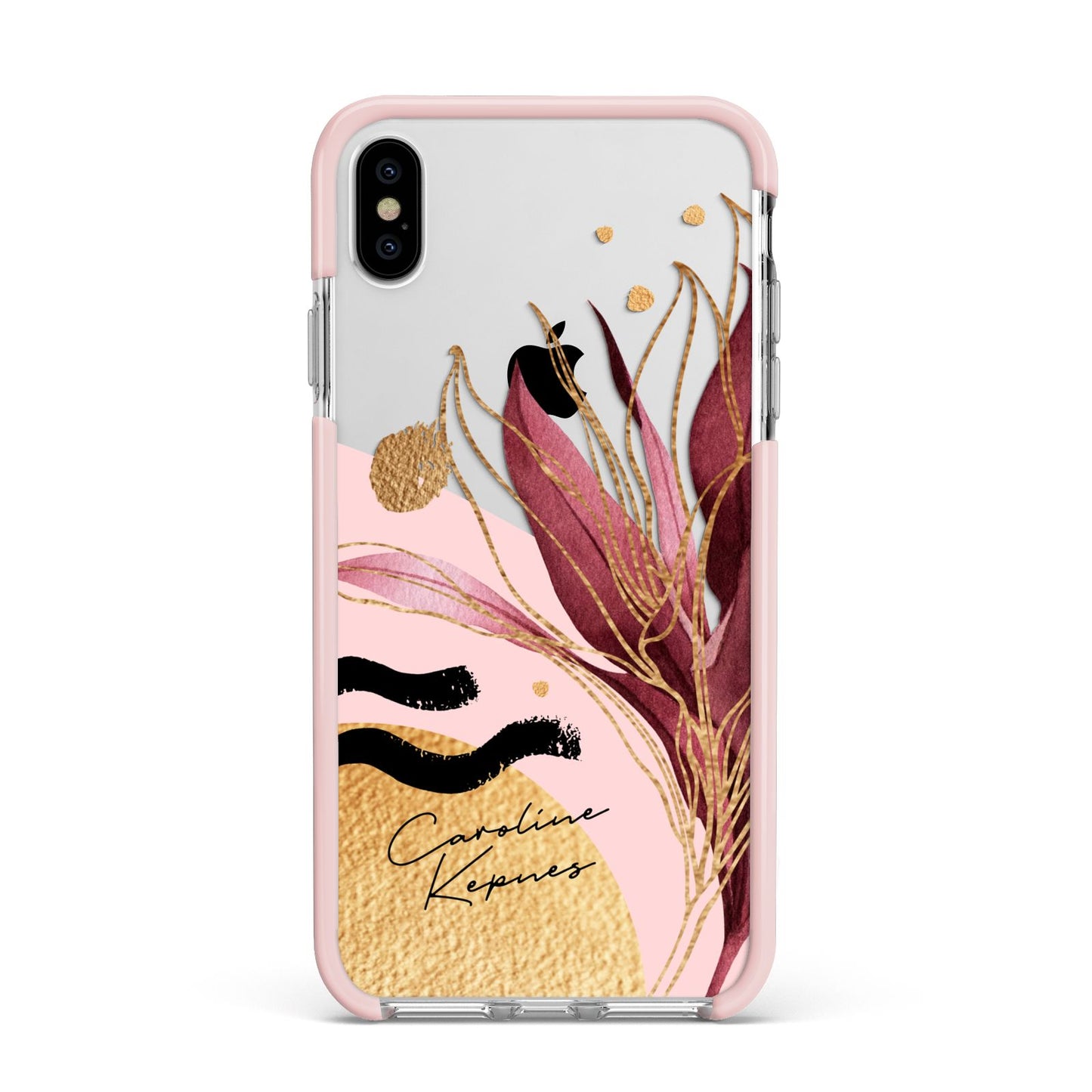 Personalised Tropical Red Leaf Apple iPhone Xs Max Impact Case Pink Edge on Silver Phone