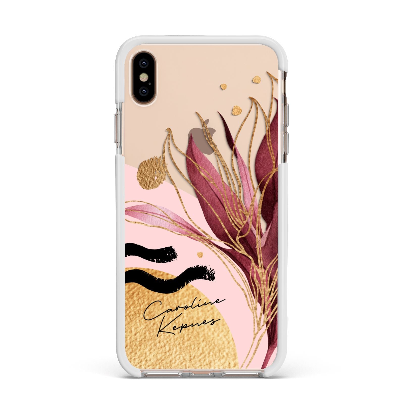 Personalised Tropical Red Leaf Apple iPhone Xs Max Impact Case White Edge on Gold Phone