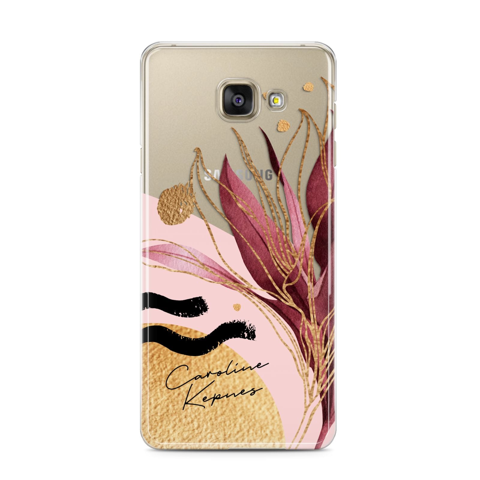 Personalised Tropical Red Leaf Samsung Galaxy A3 2016 Case on gold phone