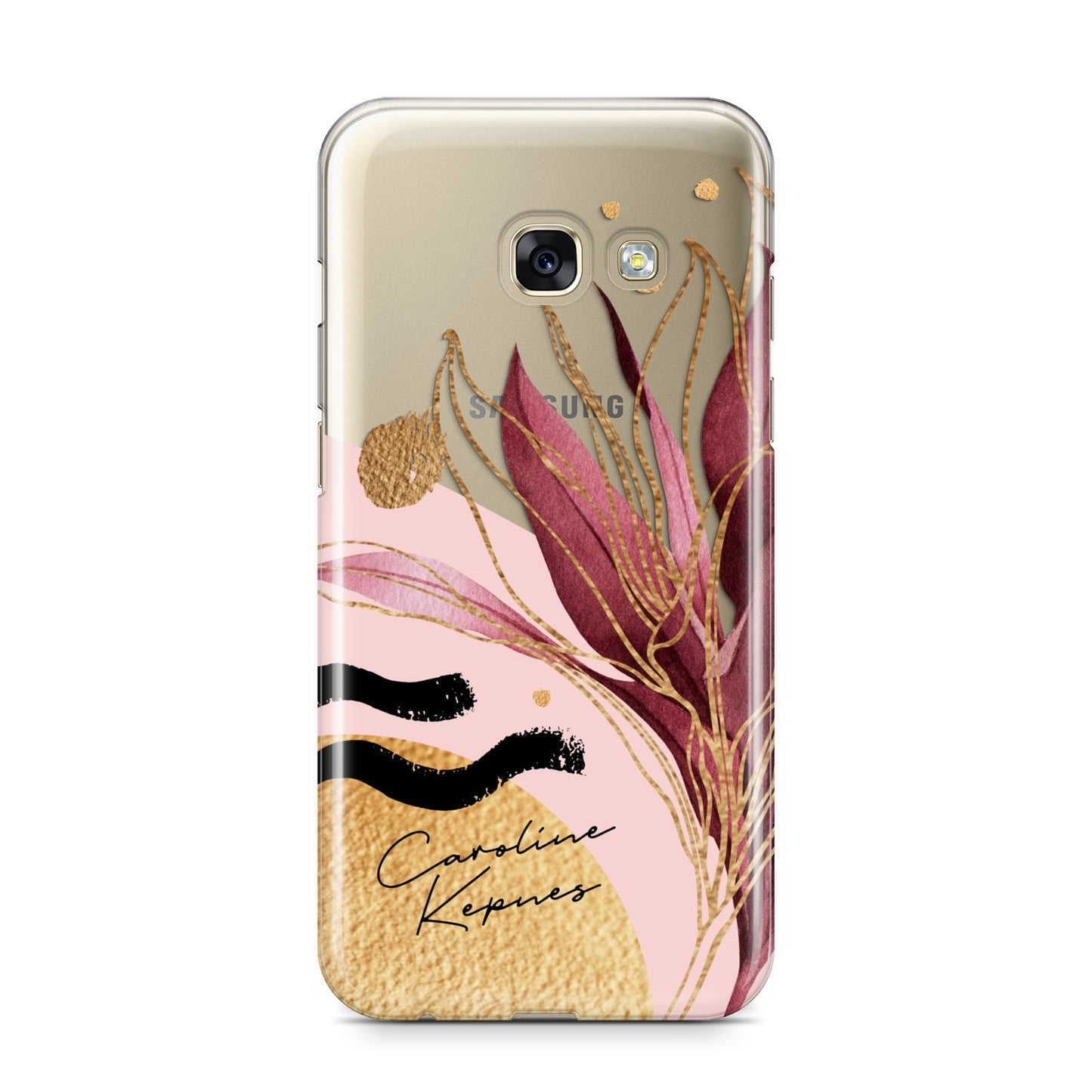 Personalised Tropical Red Leaf Samsung Galaxy A3 2017 Case on gold phone