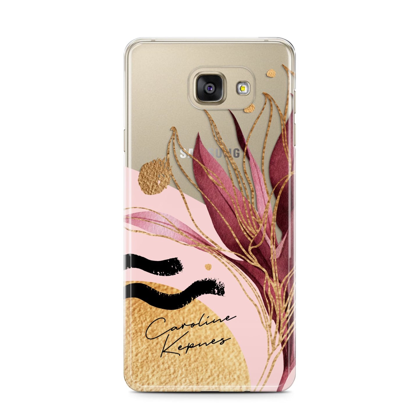 Personalised Tropical Red Leaf Samsung Galaxy A7 2016 Case on gold phone
