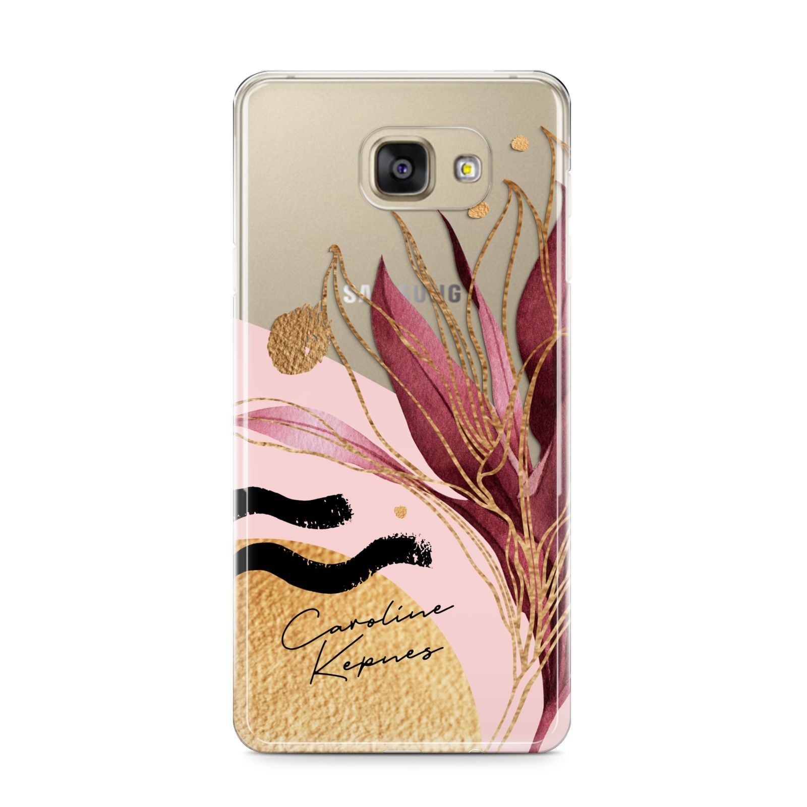 Personalised Tropical Red Leaf Samsung Galaxy A9 2016 Case on gold phone