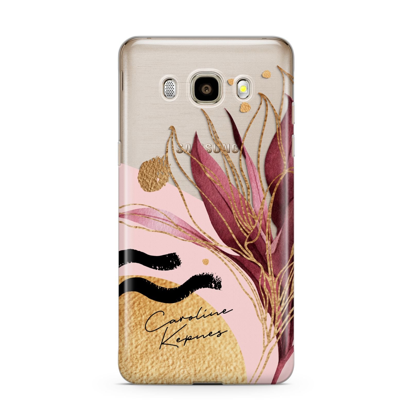 Personalised Tropical Red Leaf Samsung Galaxy J7 2016 Case on gold phone