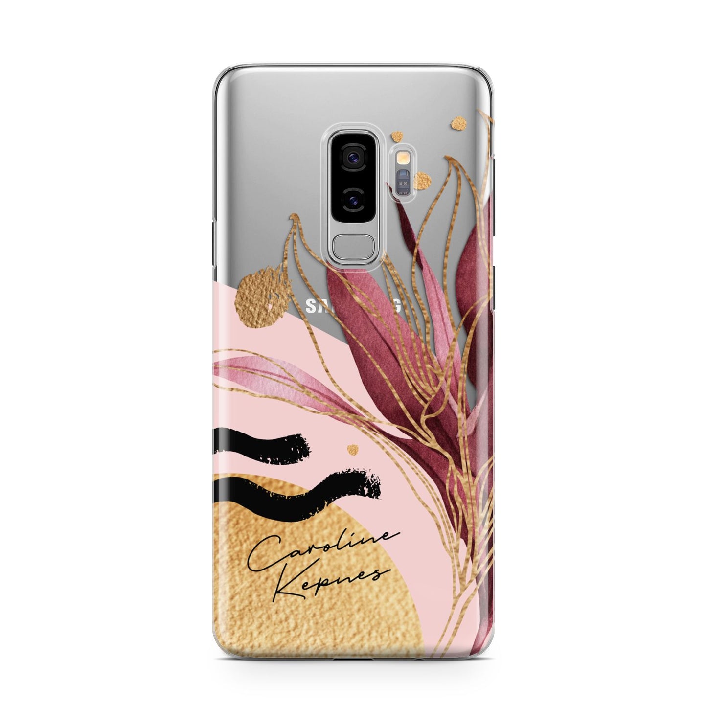 Personalised Tropical Red Leaf Samsung Galaxy S9 Plus Case on Silver phone