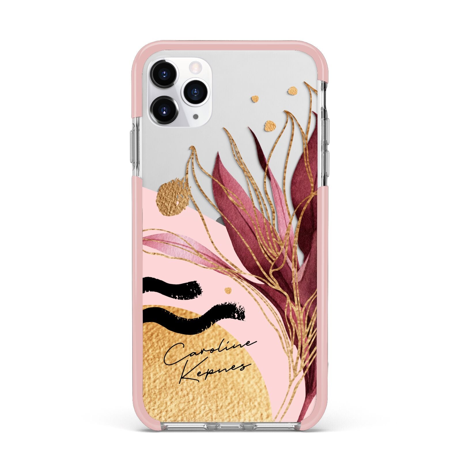 Personalised Tropical Red Leaf iPhone 11 Pro Max Impact Pink Edge Case