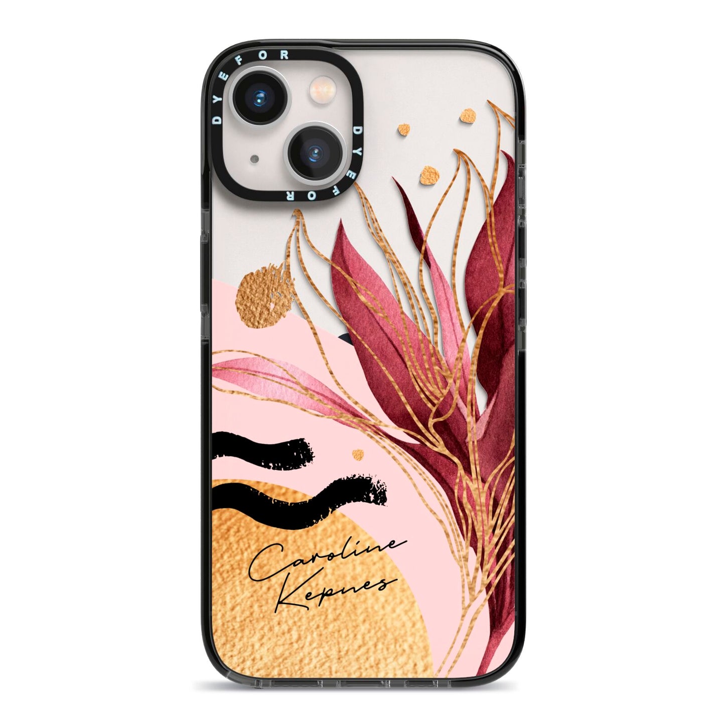 Personalised Tropical Red Leaf iPhone 13 Black Impact Case on Silver phone