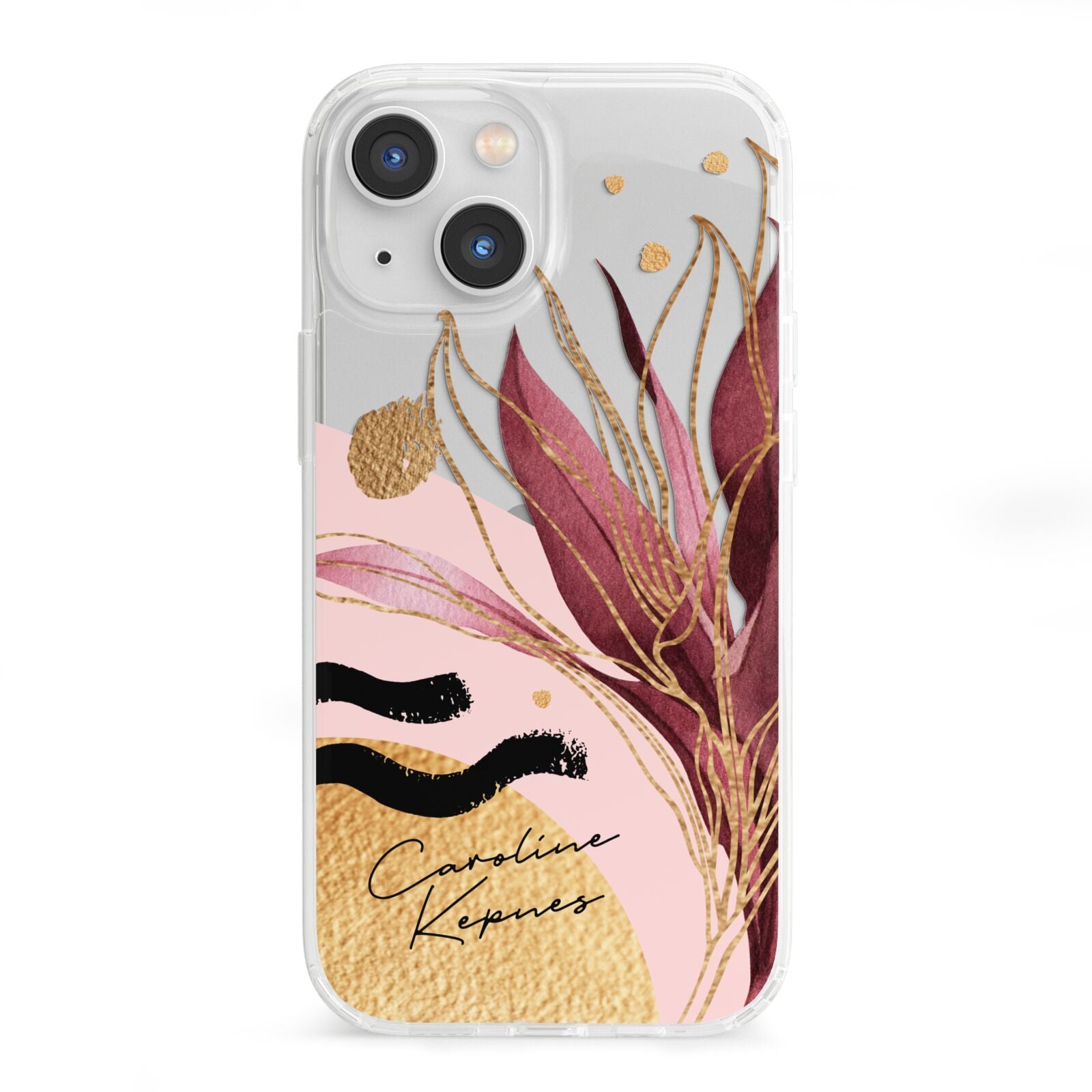 Personalised Tropical Red Leaf iPhone 13 Mini Clear Bumper Case