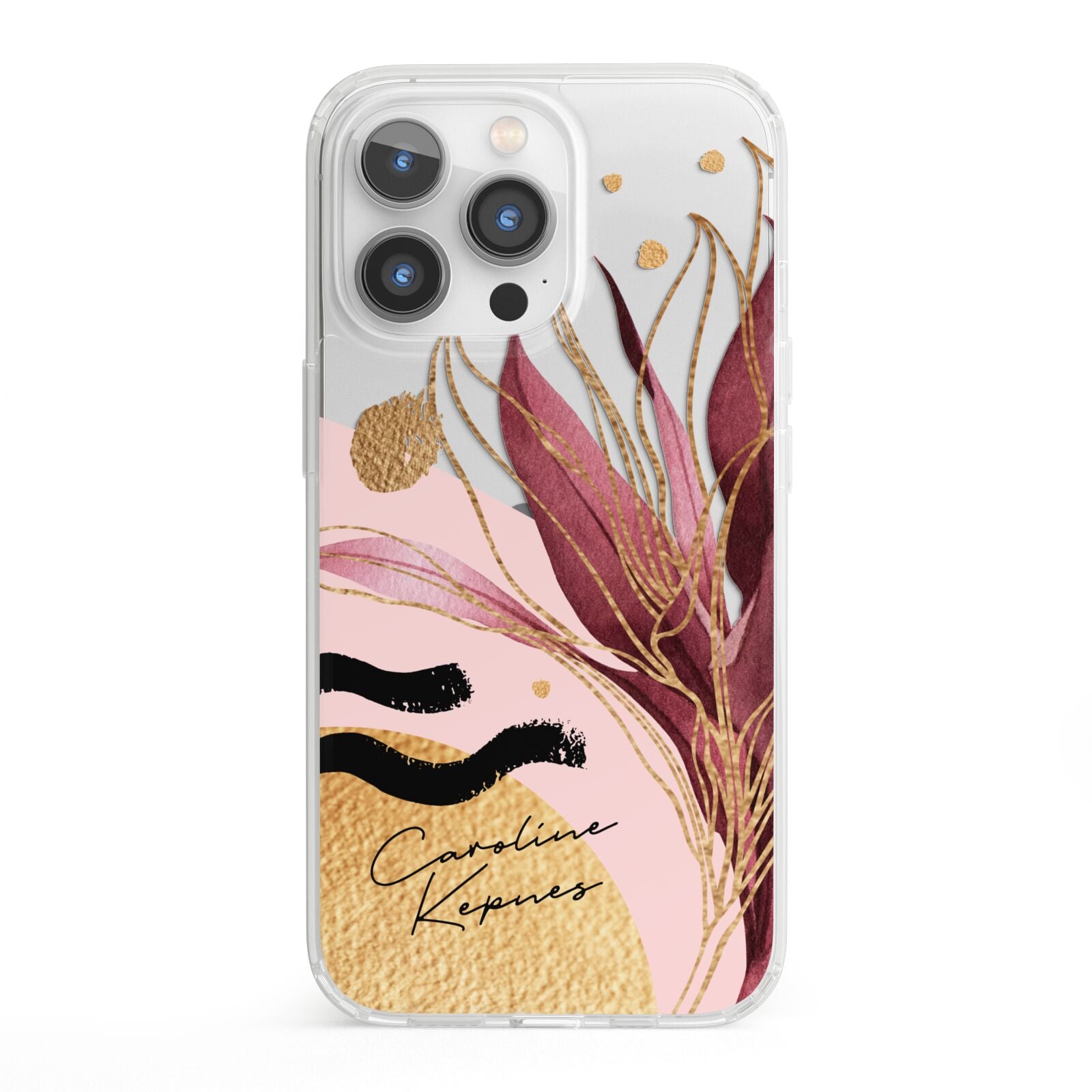 Personalised Tropical Red Leaf iPhone 13 Pro Clear Bumper Case
