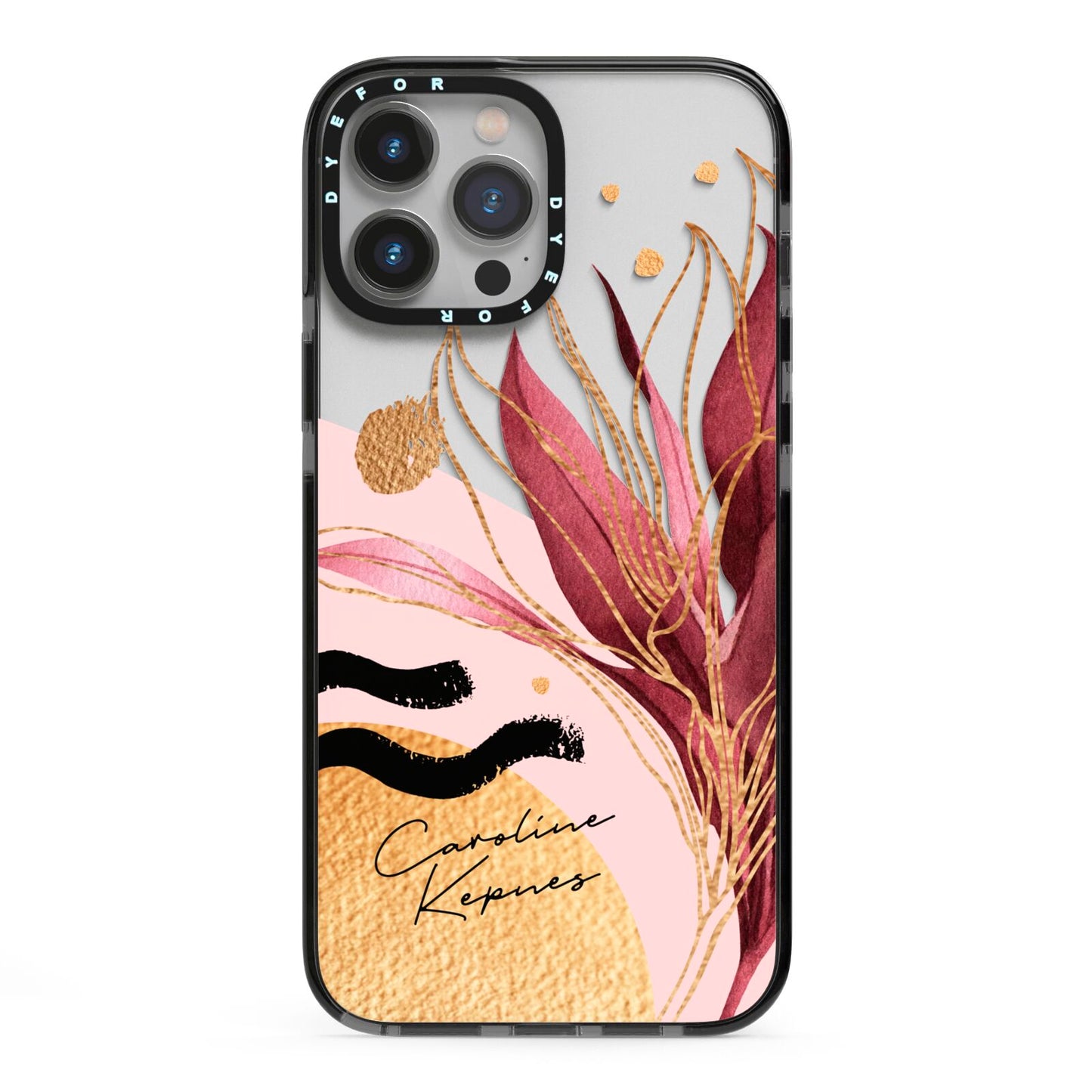 Personalised Tropical Red Leaf iPhone 13 Pro Max Black Impact Case on Silver phone