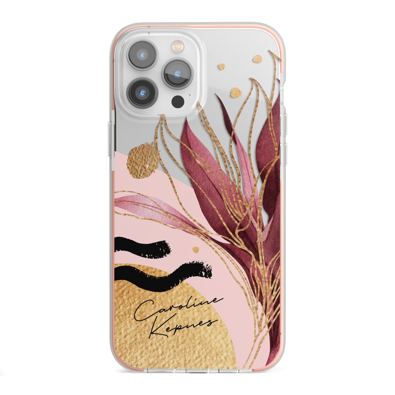 Personalised Tropical Red Leaf iPhone 13 Pro Max TPU Impact Case with Pink Edges