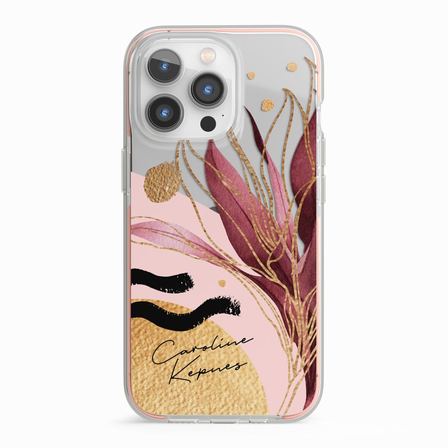 Personalised Tropical Red Leaf iPhone 13 Pro TPU Impact Case with Pink Edges
