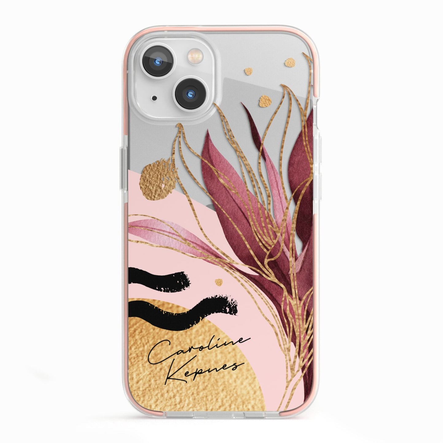 Personalised Tropical Red Leaf iPhone 13 TPU Impact Case with Pink Edges