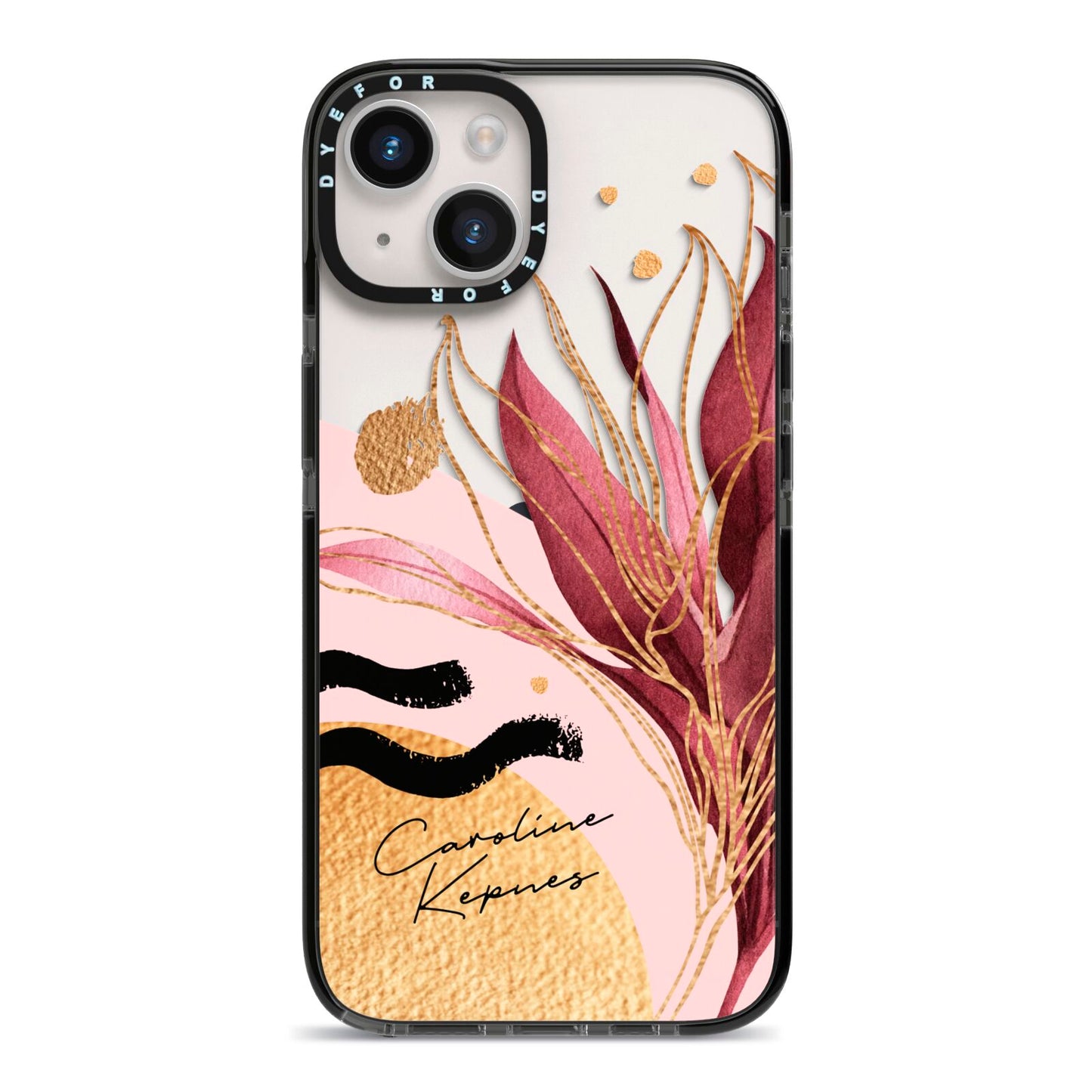 Personalised Tropical Red Leaf iPhone 14 Black Impact Case on Silver phone