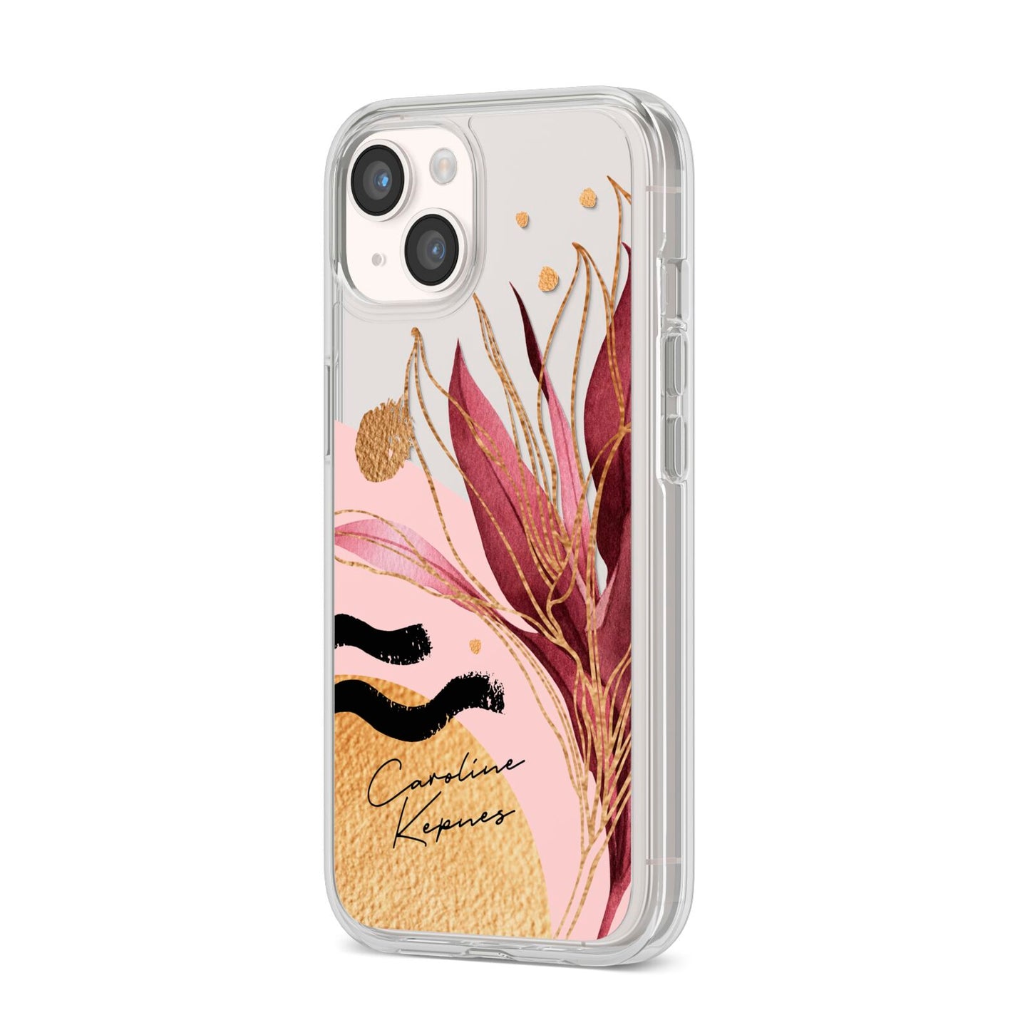 Personalised Tropical Red Leaf iPhone 14 Clear Tough Case Starlight Angled Image