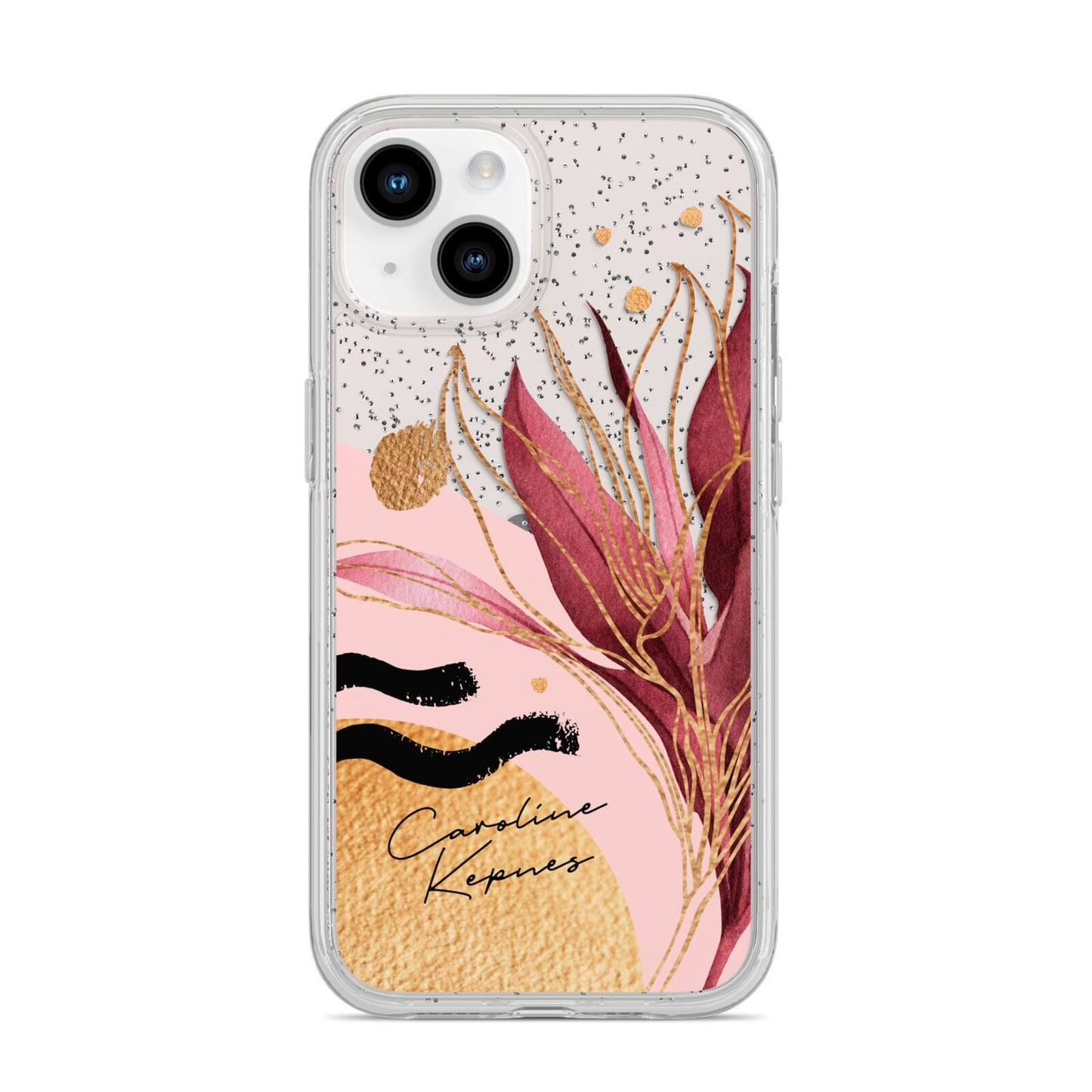 Personalised Tropical Red Leaf iPhone 14 Glitter Tough Case Starlight