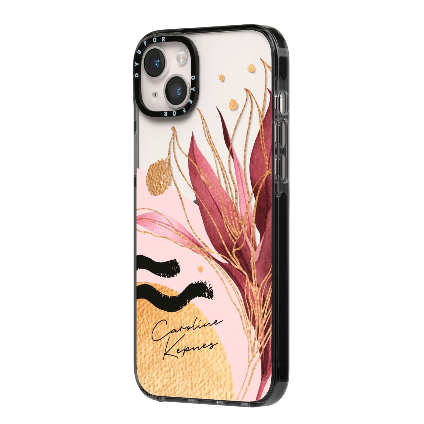 Personalised Tropical Red Leaf iPhone 14 Plus Black Impact Case Side Angle on Silver phone