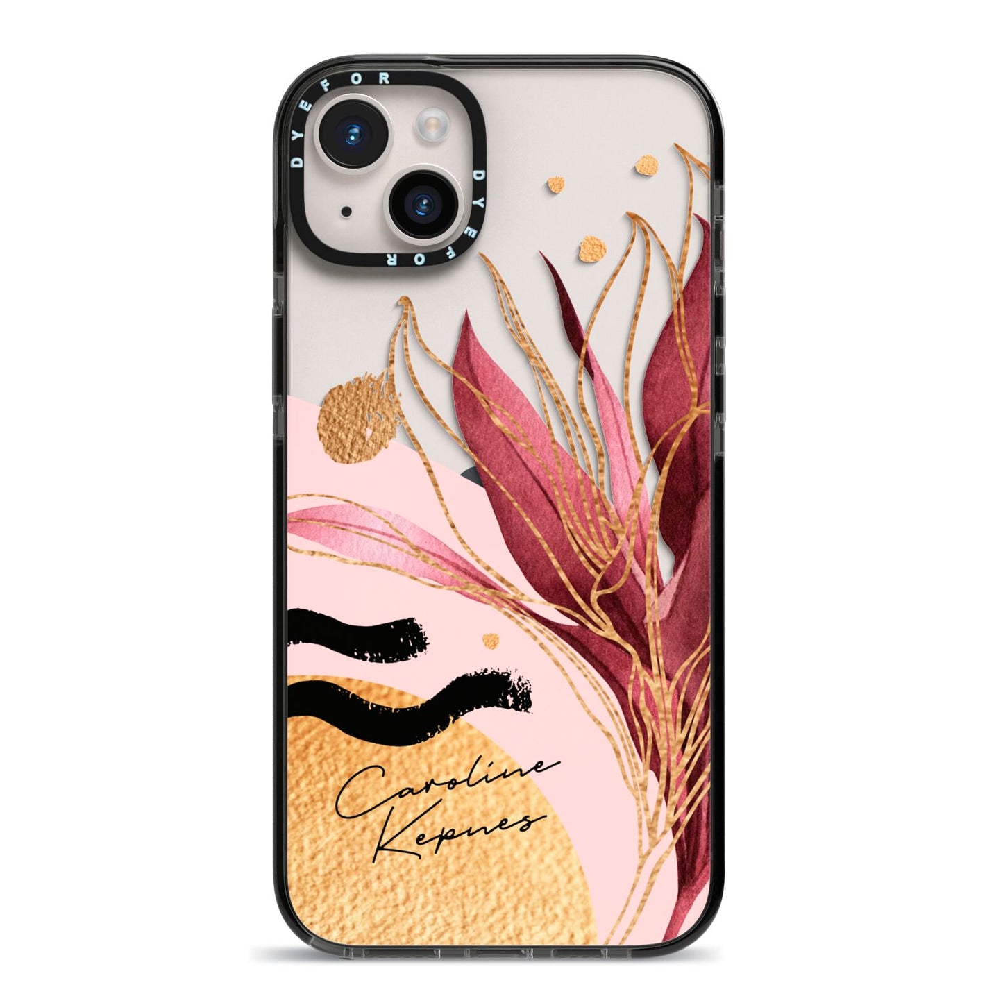 Personalised Tropical Red Leaf iPhone 14 Plus Black Impact Case on Silver phone