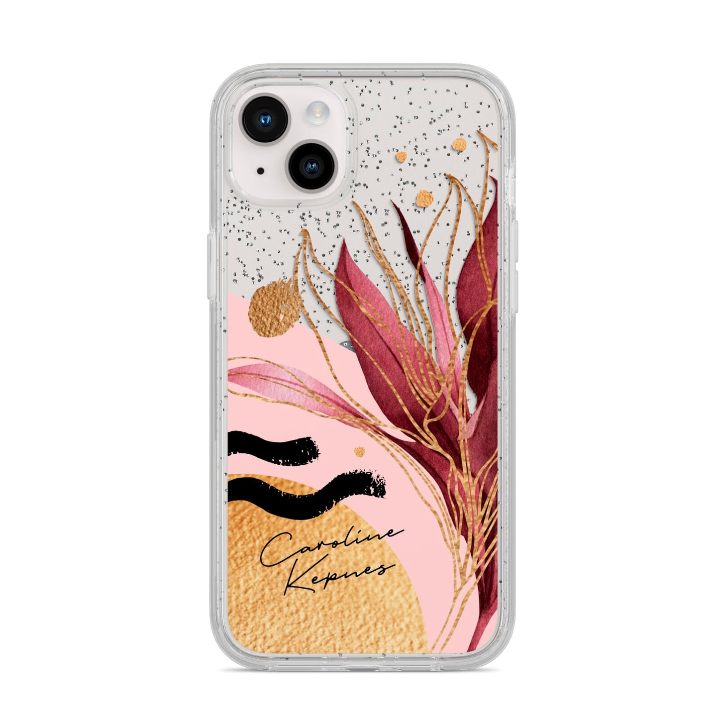 Personalised Tropical Red Leaf iPhone 14 Plus Glitter Tough Case Starlight