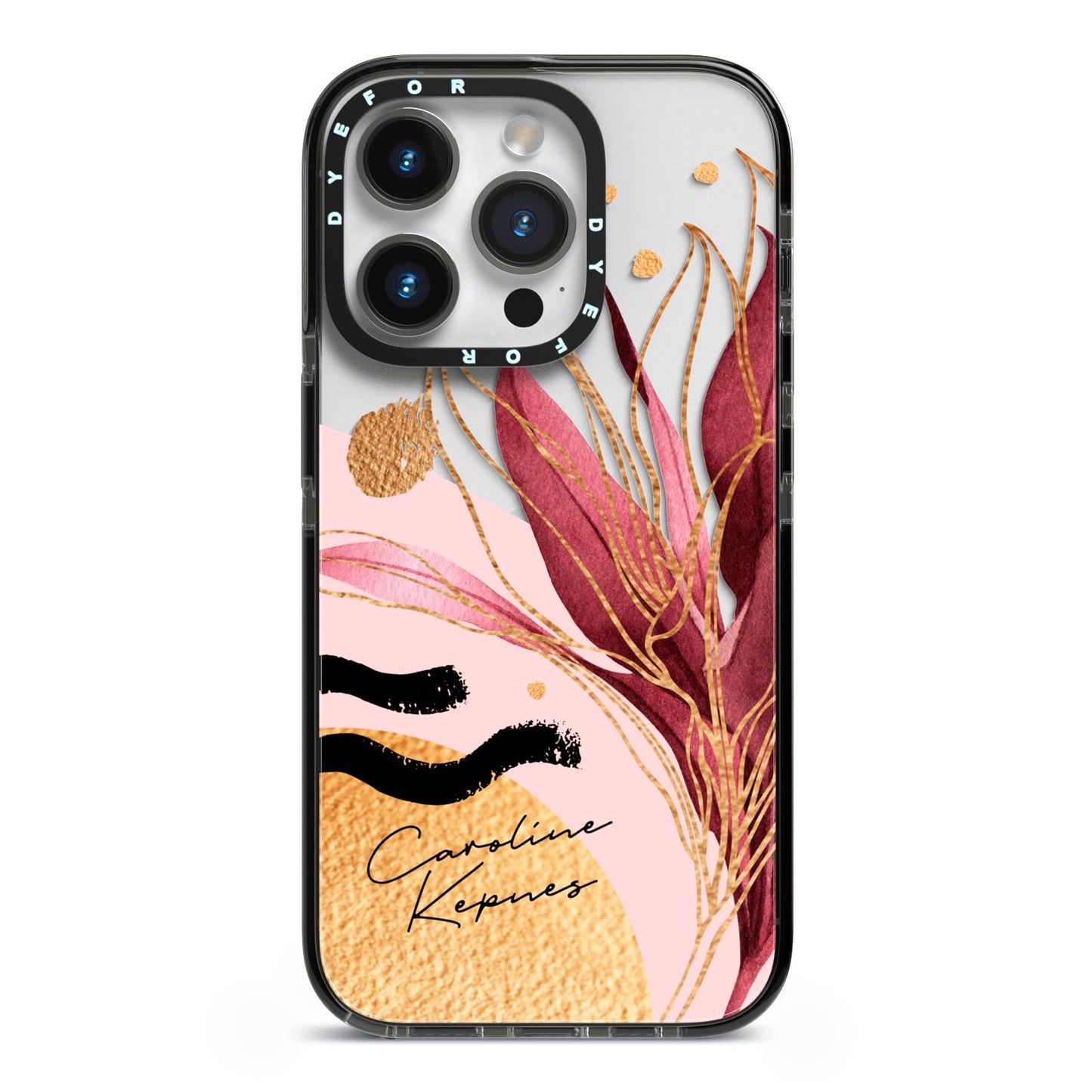 Personalised Tropical Red Leaf iPhone 14 Pro Black Impact Case on Silver phone