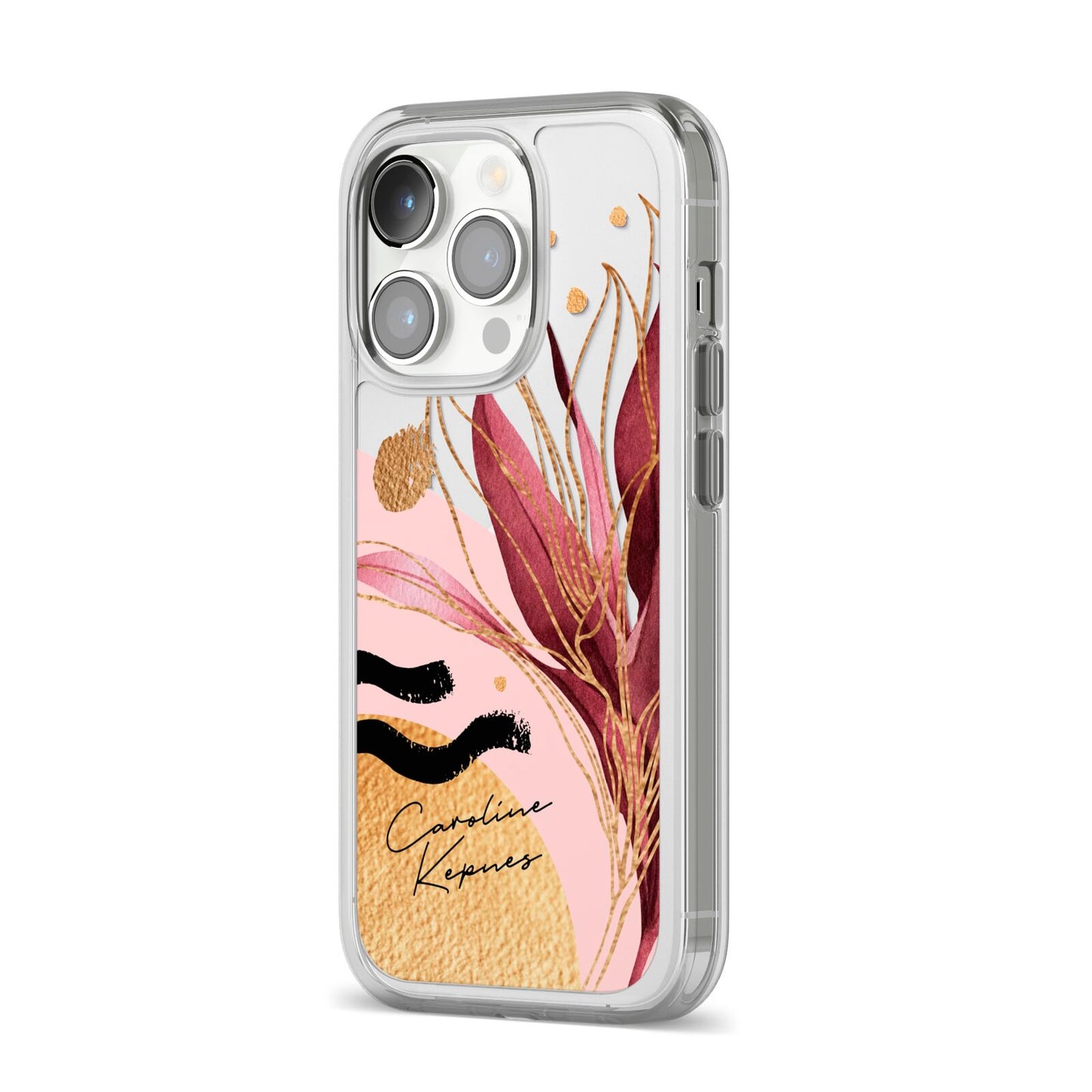 Personalised Tropical Red Leaf iPhone 14 Pro Clear Tough Case Silver Angled Image