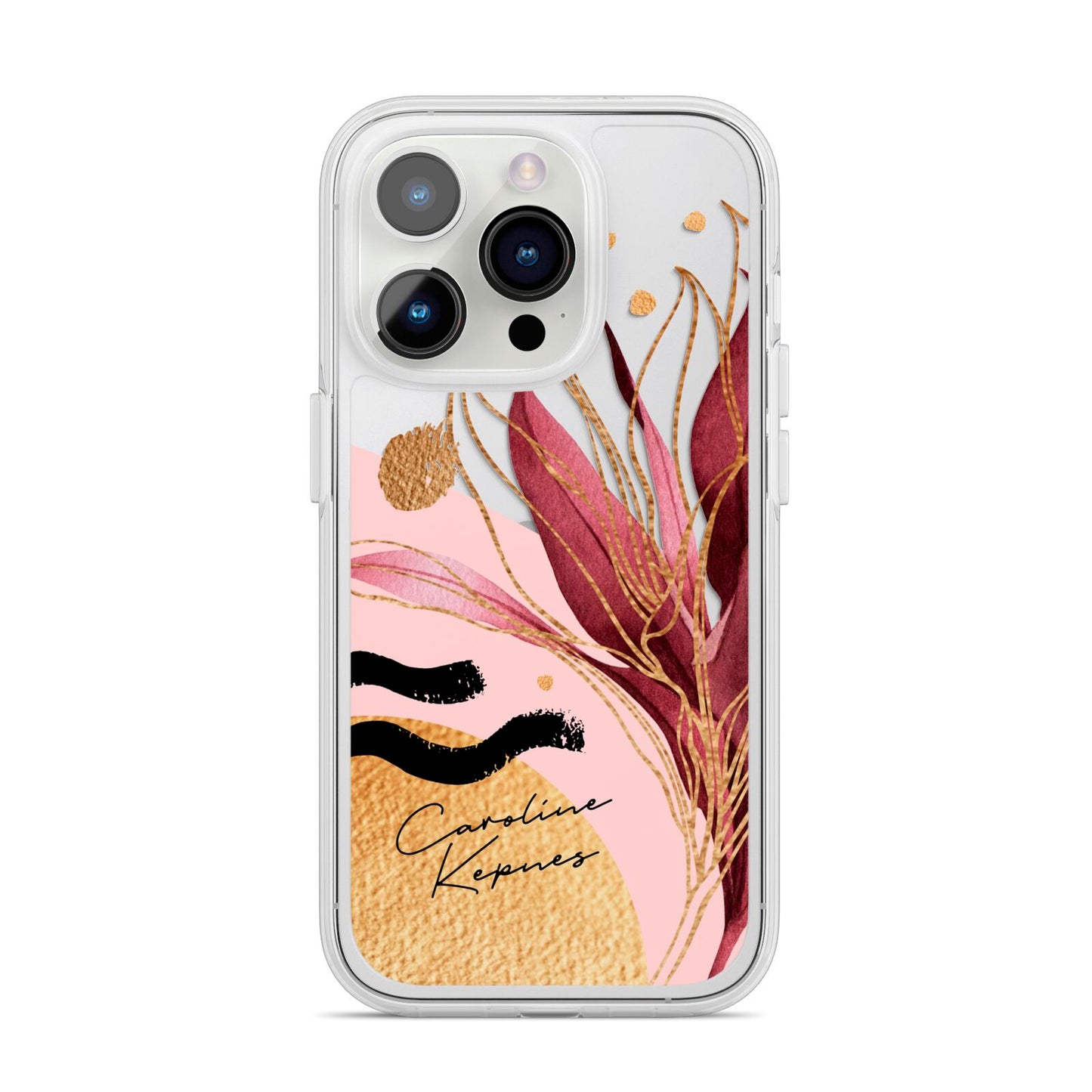 Personalised Tropical Red Leaf iPhone 14 Pro Clear Tough Case Silver