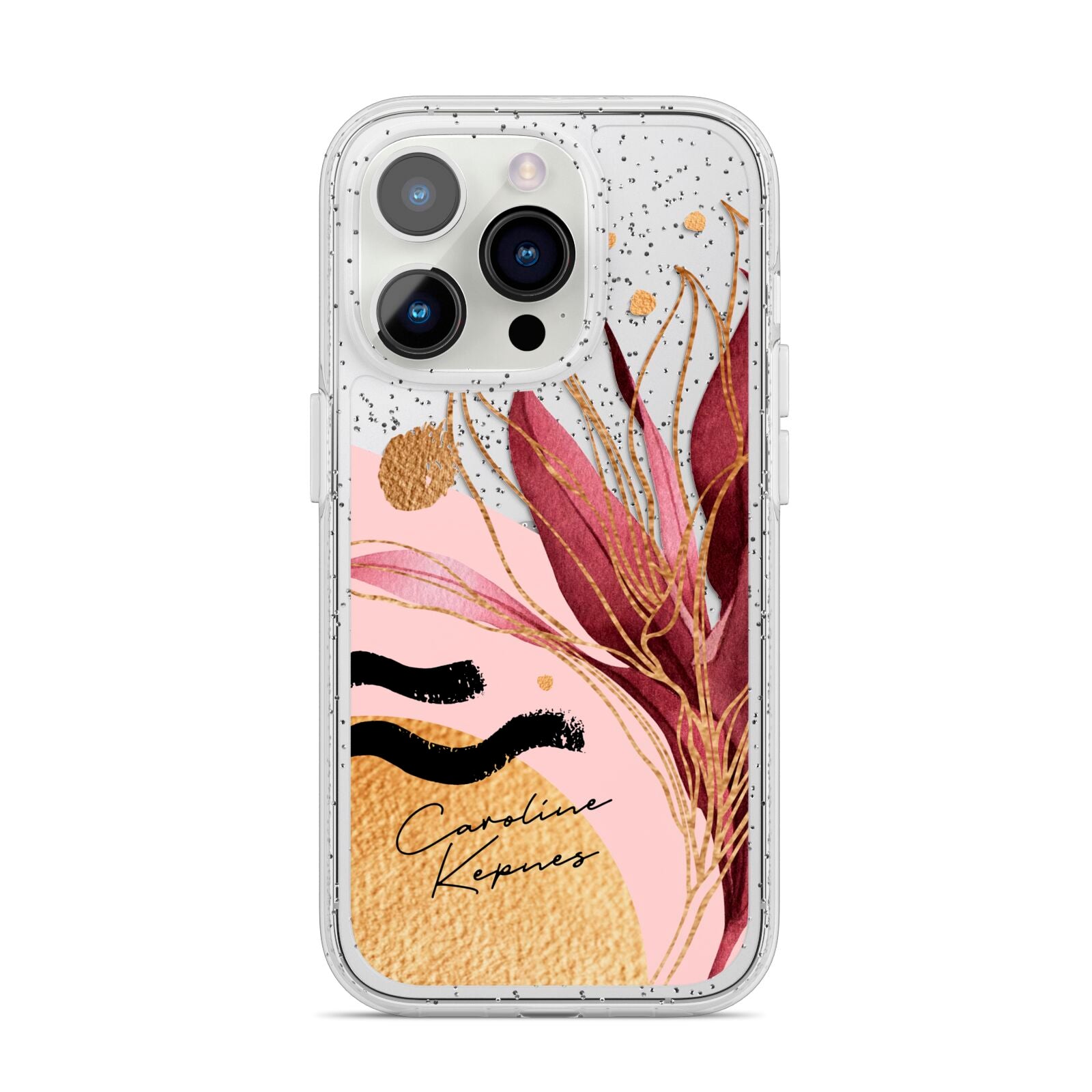Personalised Tropical Red Leaf iPhone 14 Pro Glitter Tough Case Silver
