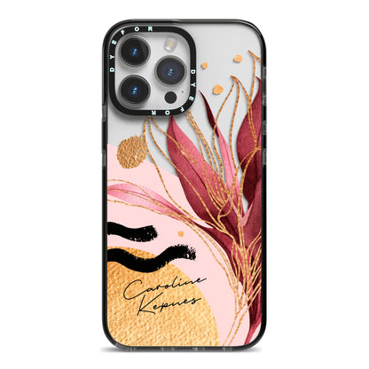 Personalised Tropical Red Leaf iPhone 14 Pro Max Black Impact Case on Silver phone
